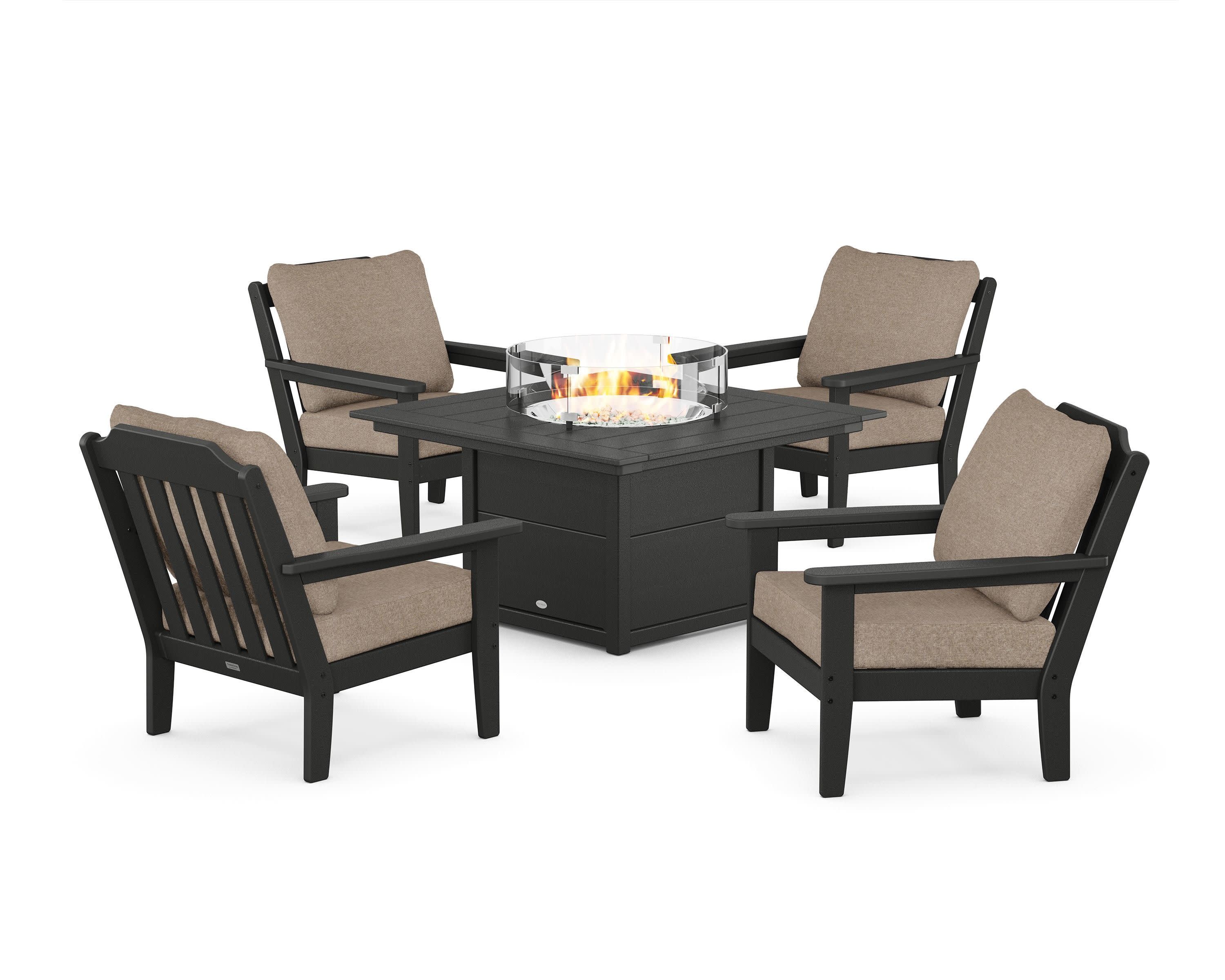 Cottage 5-Piece Deep Seating Set with Fire Pit Table in Black / Spiced Burlap