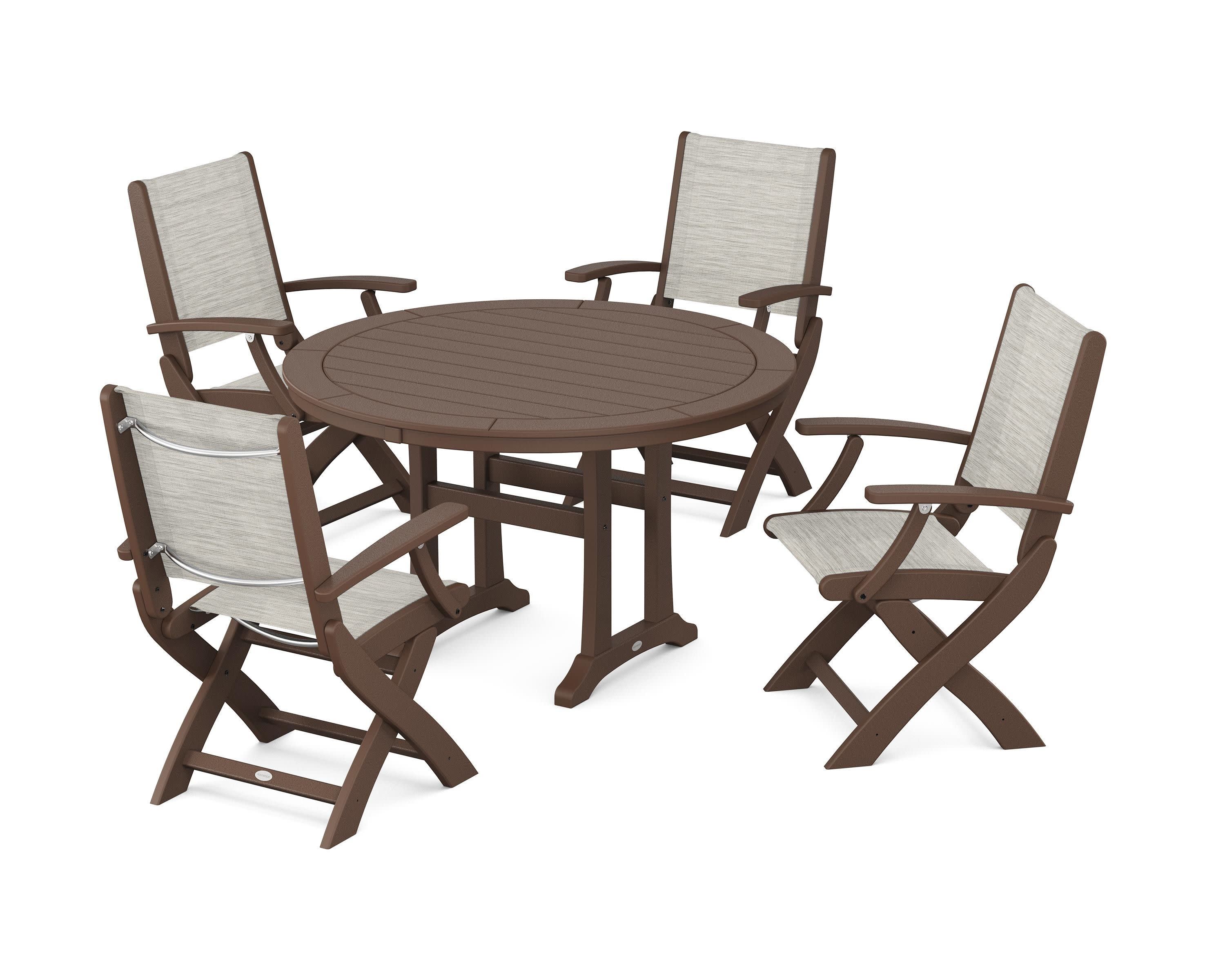 Coastal Folding Chair 5-Piece Round Dining Set with Trestle Legs in Mahogany / Birch Sling