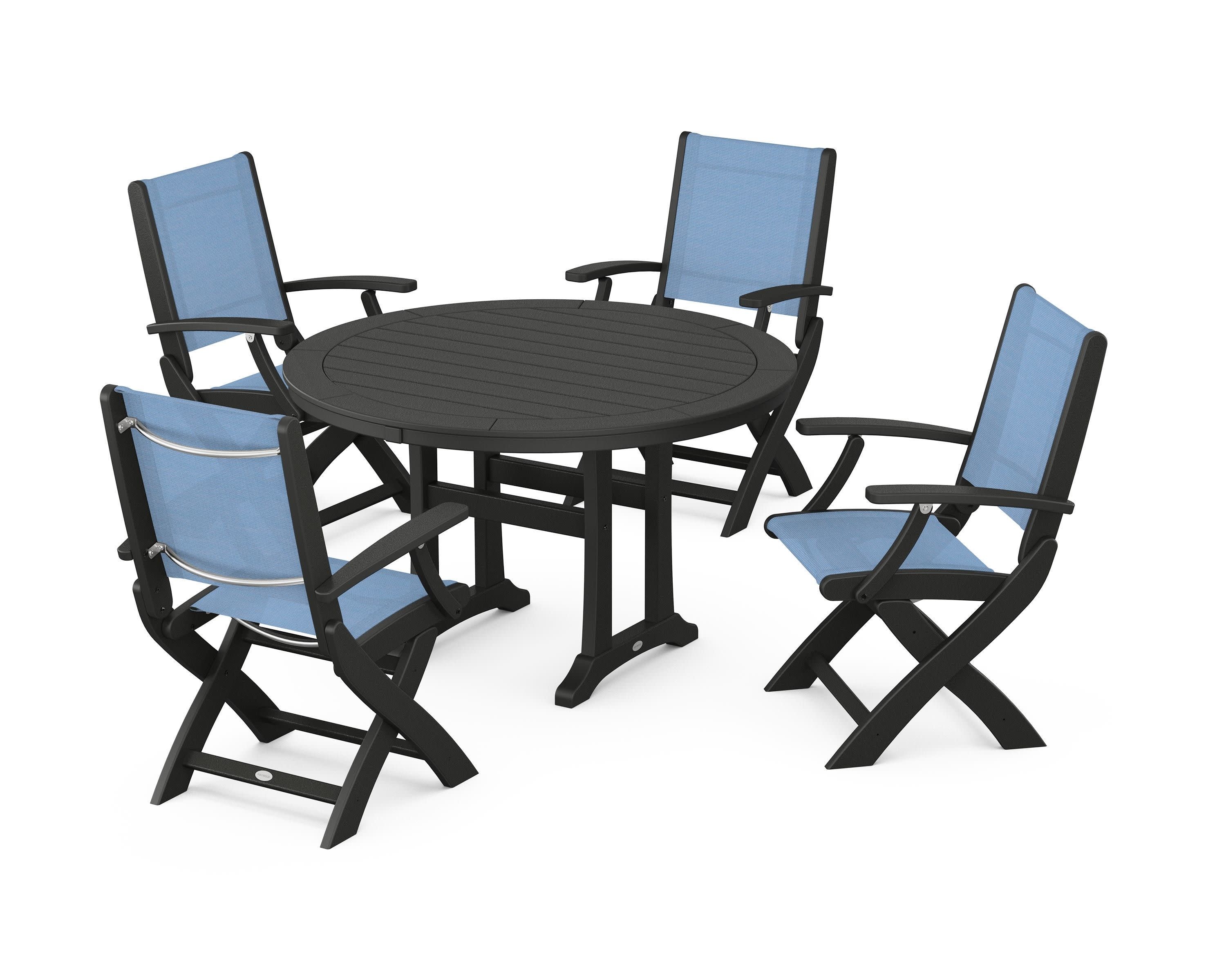 Coastal Folding Chair 5-Piece Round Dining Set with Trestle Legs in Black / Poolside Sling