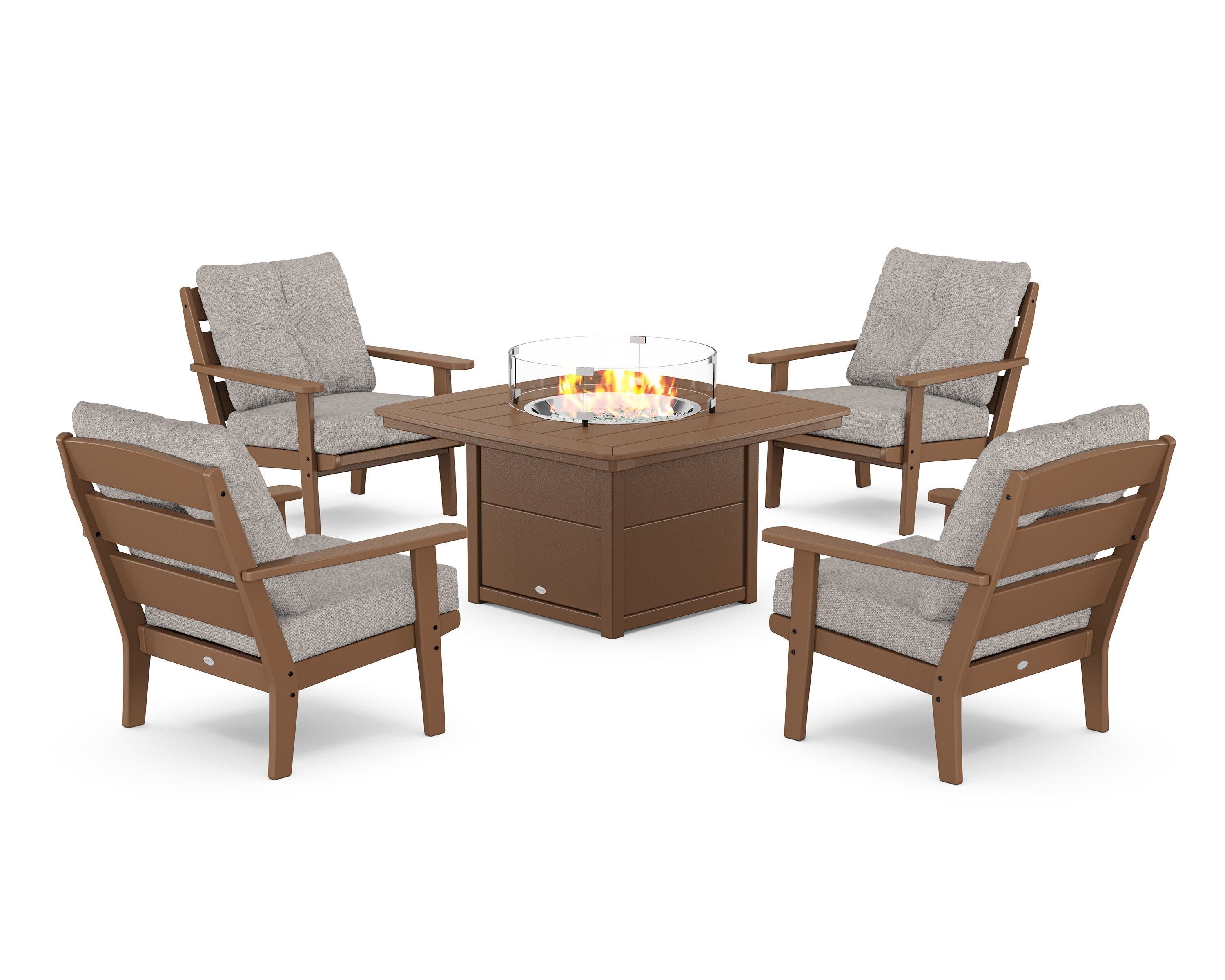 Lakeside 5-Piece Deep Seating Set with Nautical Fire Pit Table in Teak / Weathered Tweed