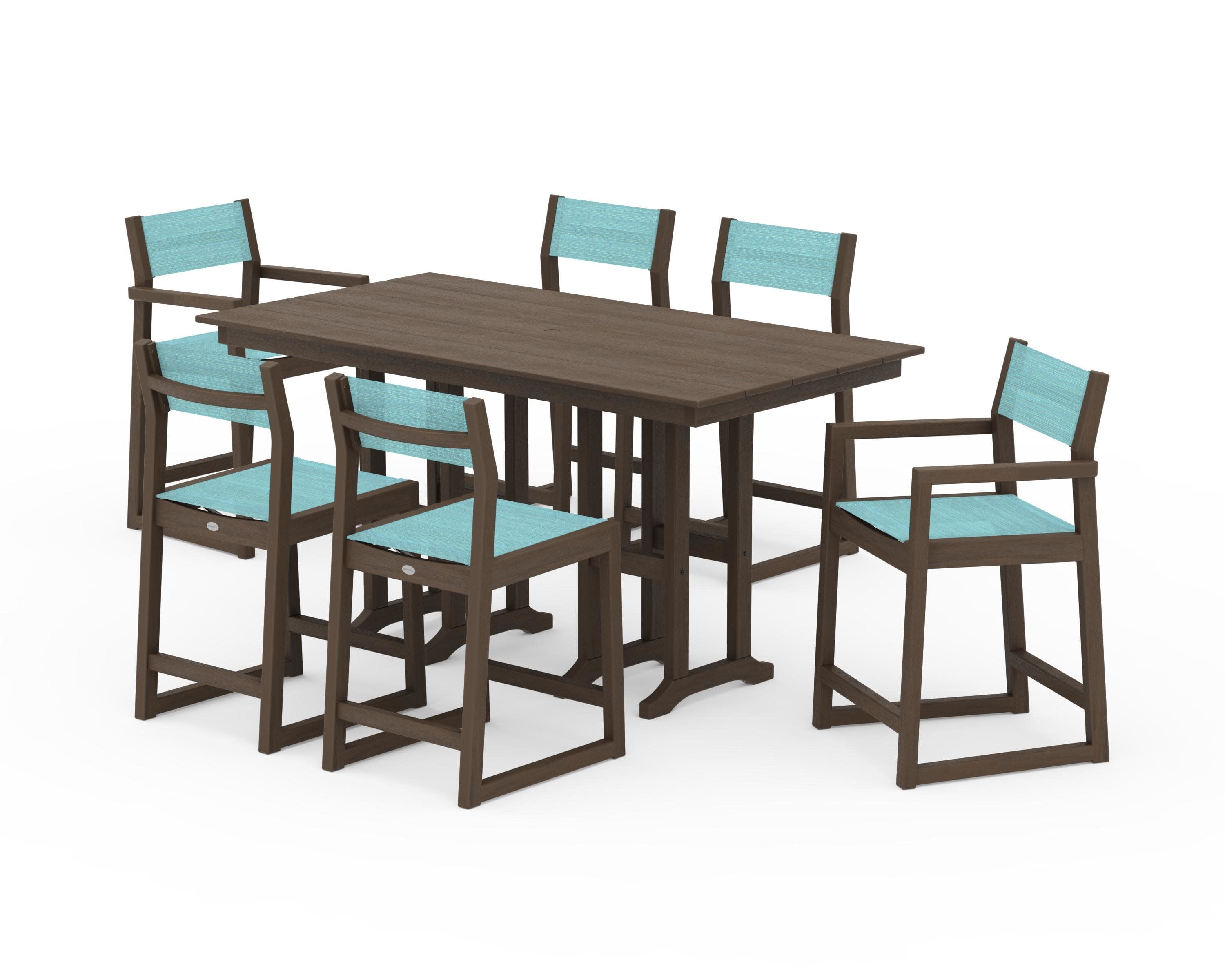 EDGE Sling 7-Piece Farmhouse Counter Set with Trestle Legs in Kona / Dupioni Aquamarine Sling