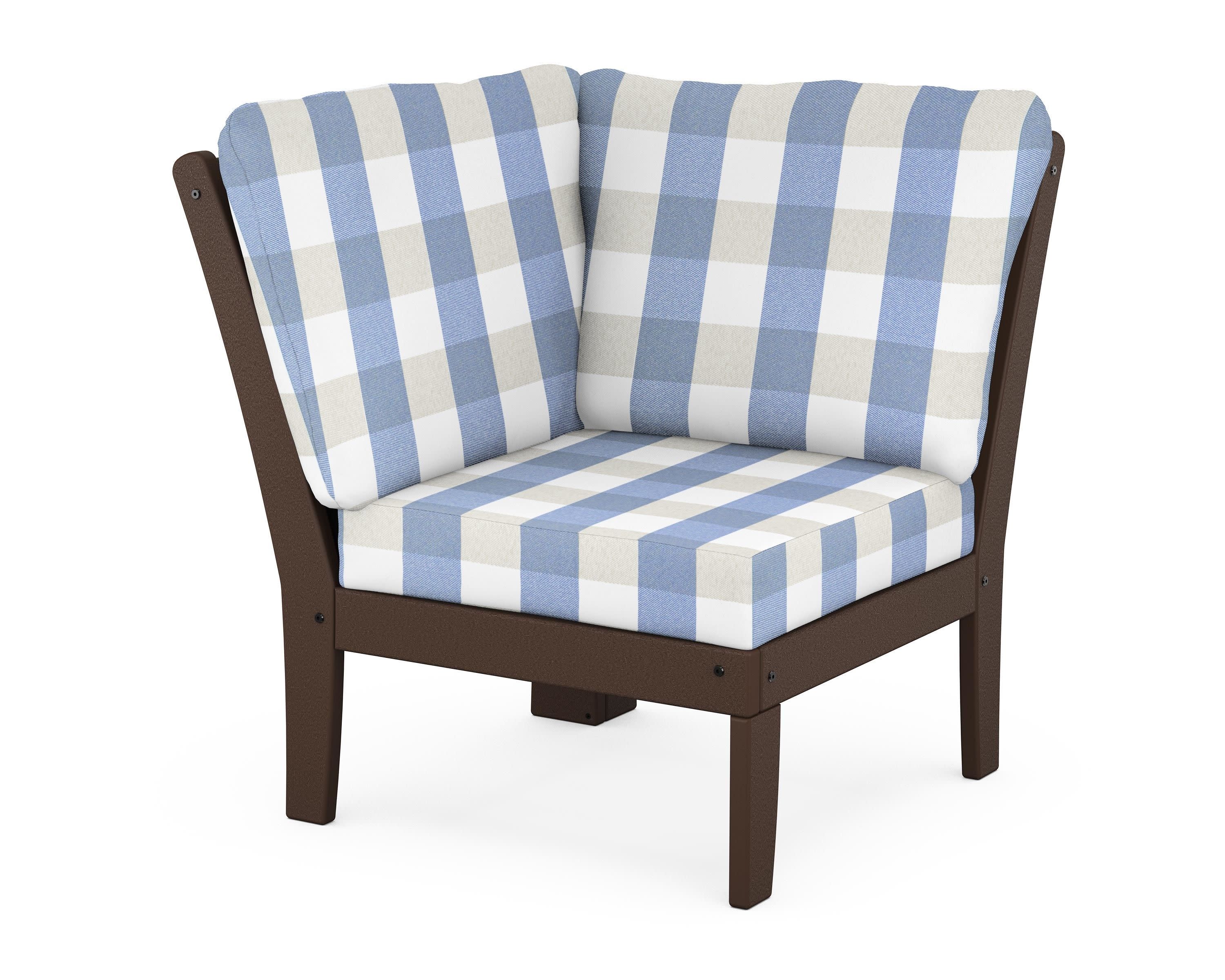 Braxton Modular Corner Chair in Mahogany / Buffalo Plaid Sky Blue