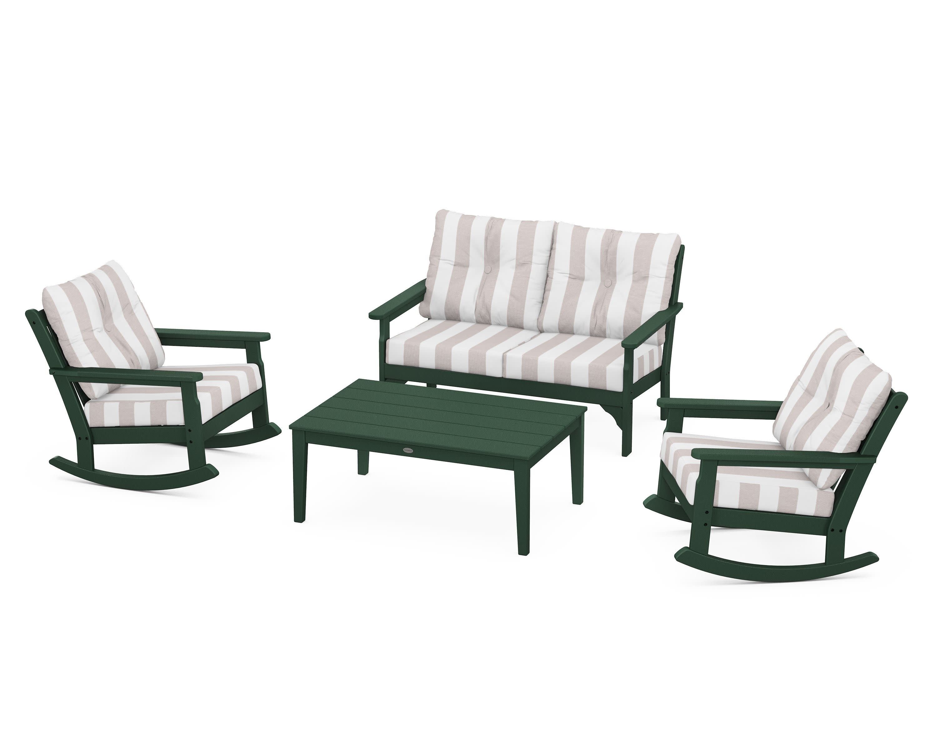 Vineyard 4-Piece Deep Seating Rocking Chair Set in Green / Cabana Stripe Dune Burlap