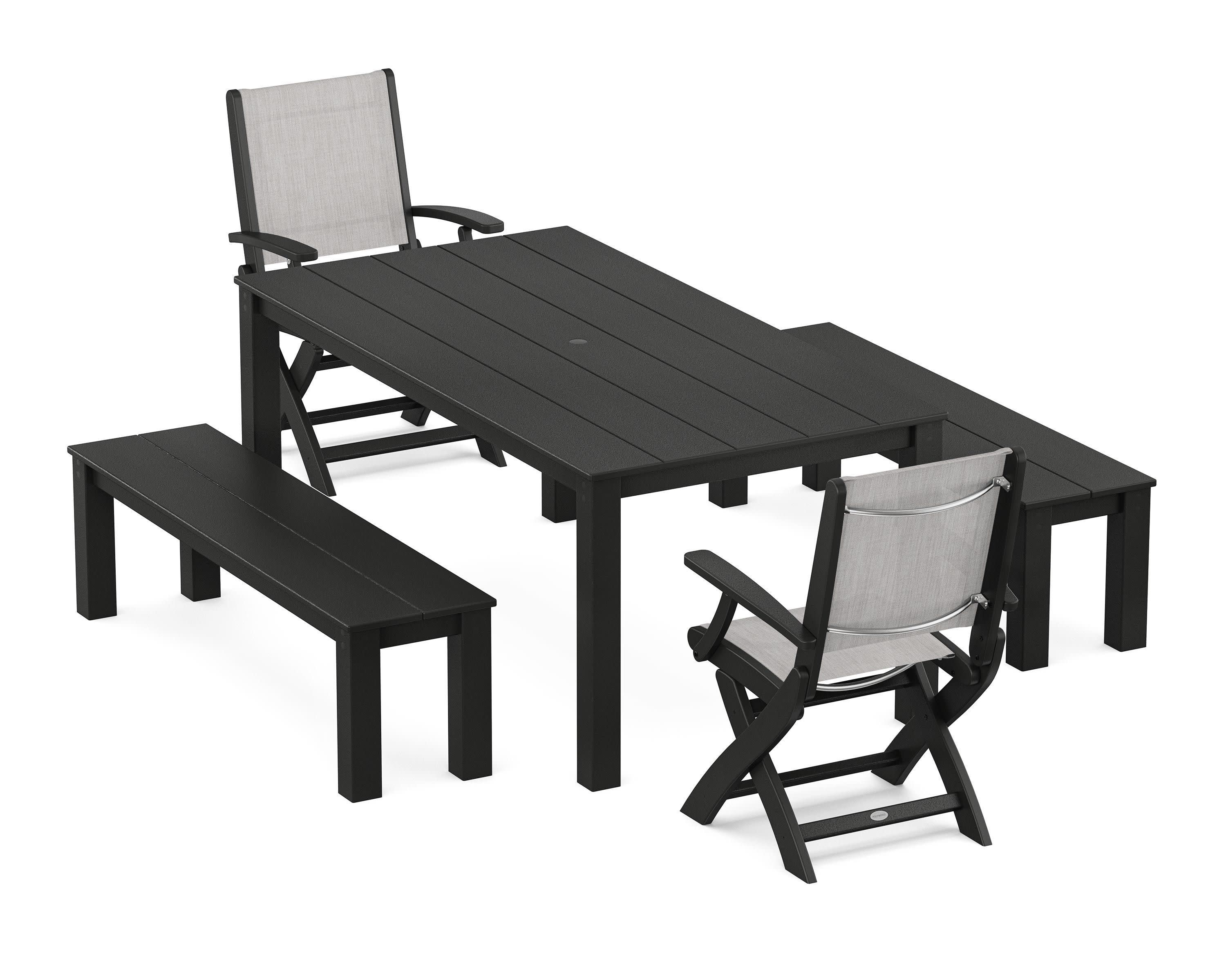 Coastal Folding Chair 5-Piece Parsons Dining Set with Benches in Black / Parchment Sling