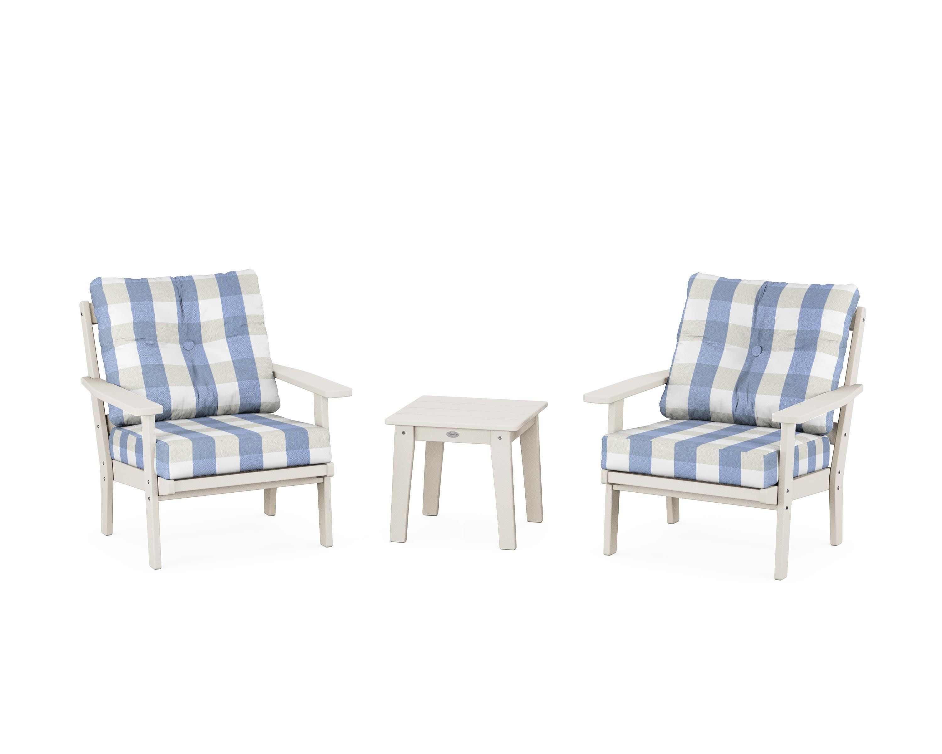 Oxford 3-Piece Deep Seating Set in Sand / Buffalo Plaid Sky Blue