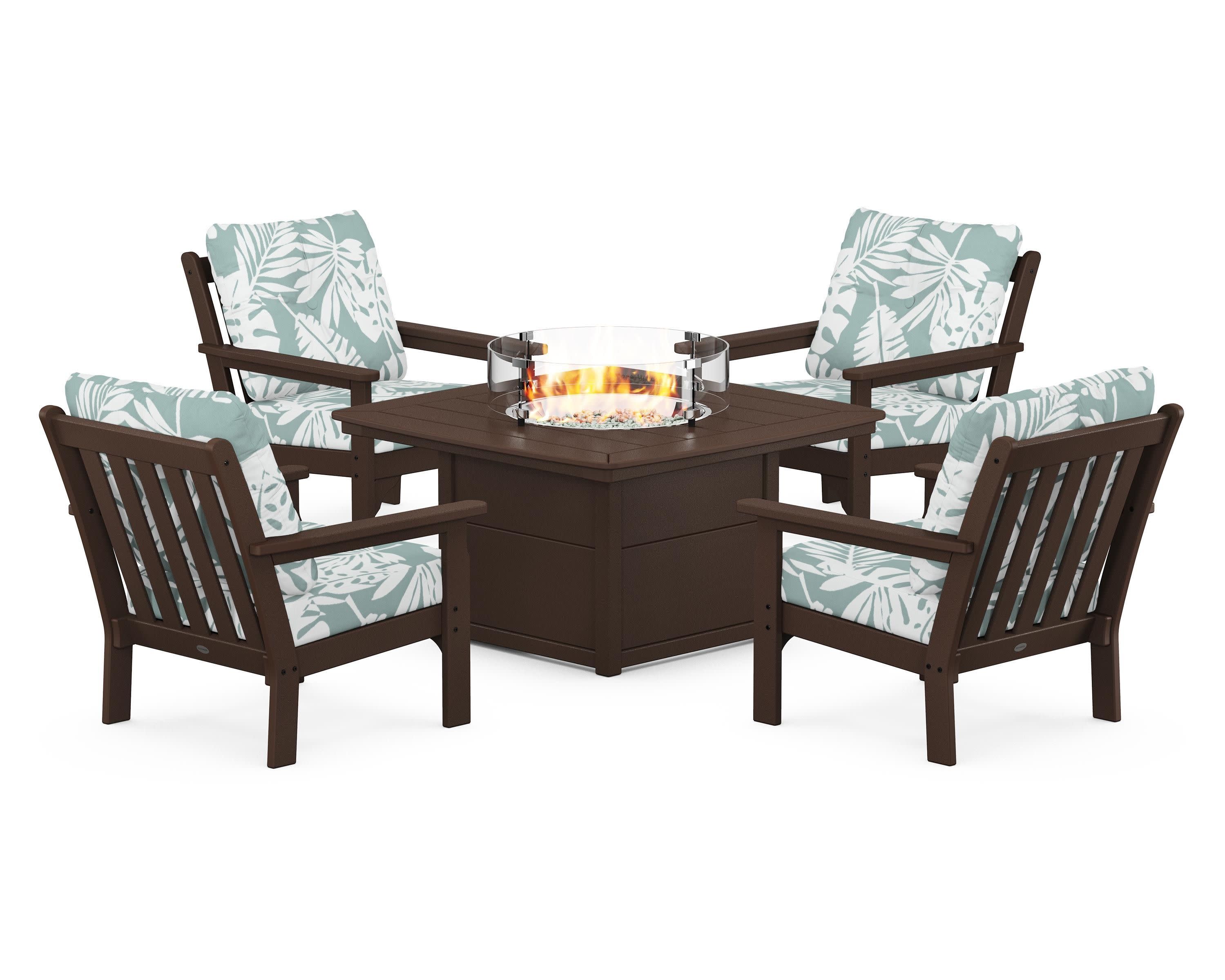 Vineyard 5-Piece Conversation Set with Fire Pit Table in Mahogany / Leaf Glacier Spa