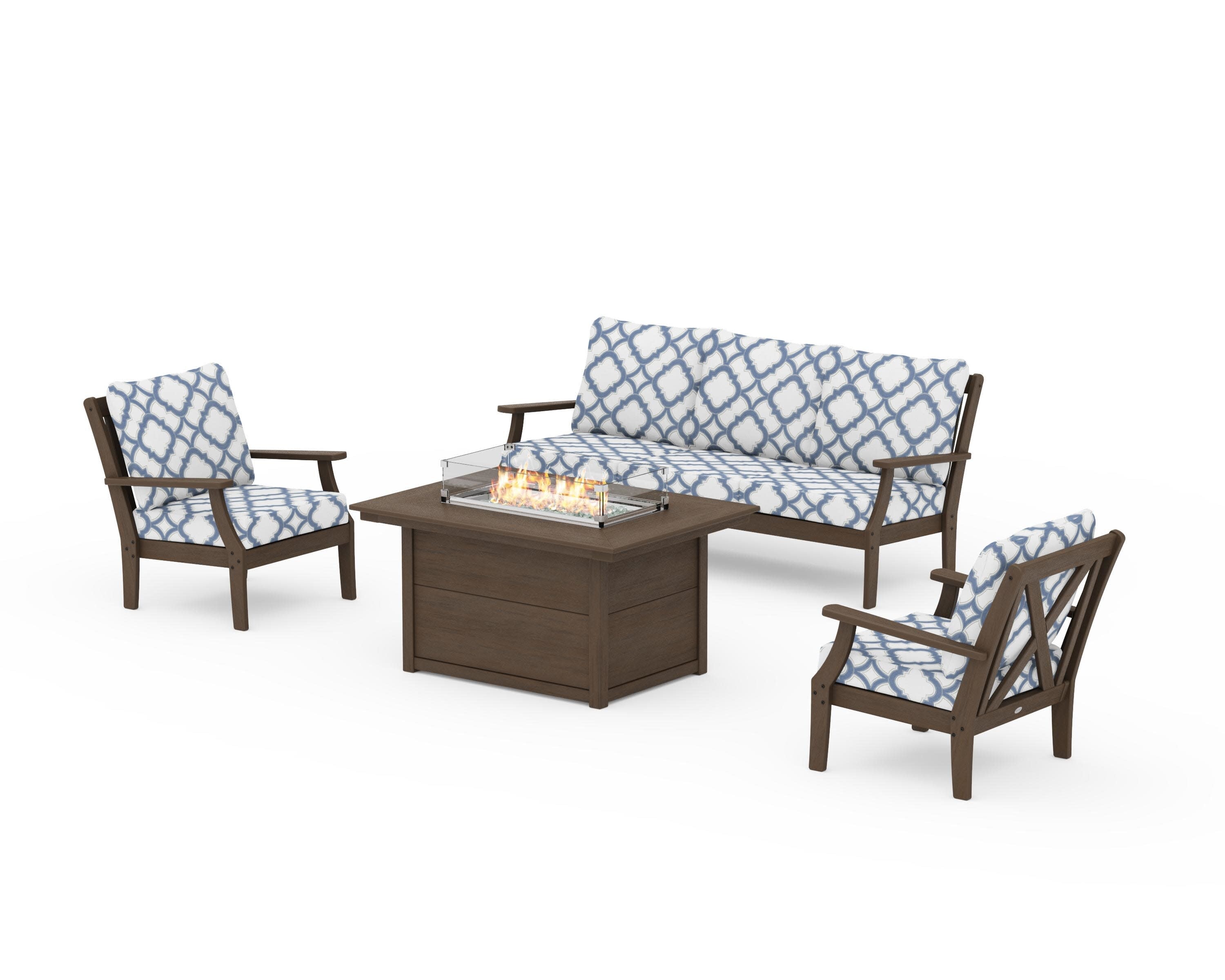 Braxton Deep Seating Fire Pit Table Set in Kona / Trellis Sky Blue