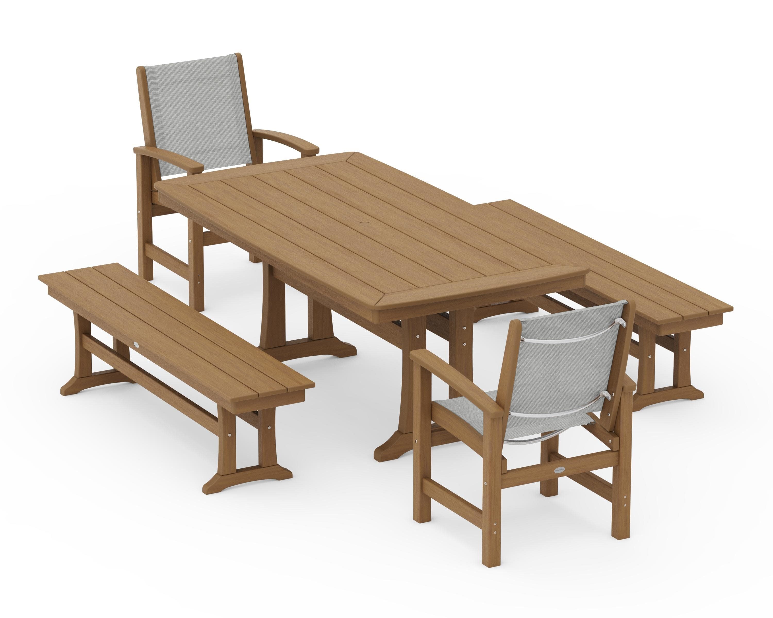 Coastal 5-Piece Dining Set with Trestle Legs and Benches in Natural / Metallic Sling