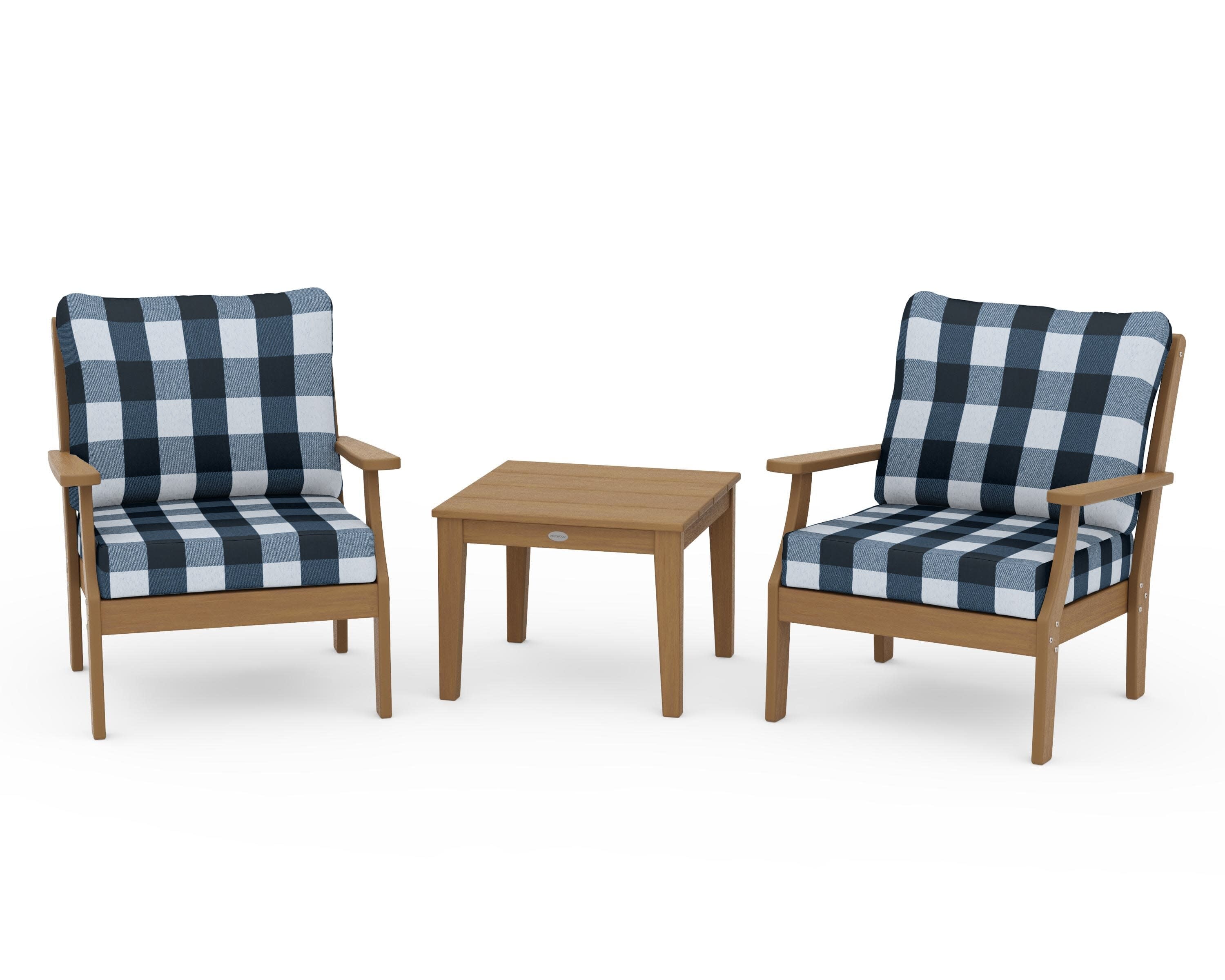 Braxton 3-Piece Deep Seating Set in Natural / Buffalo Plaid Marine Indigo