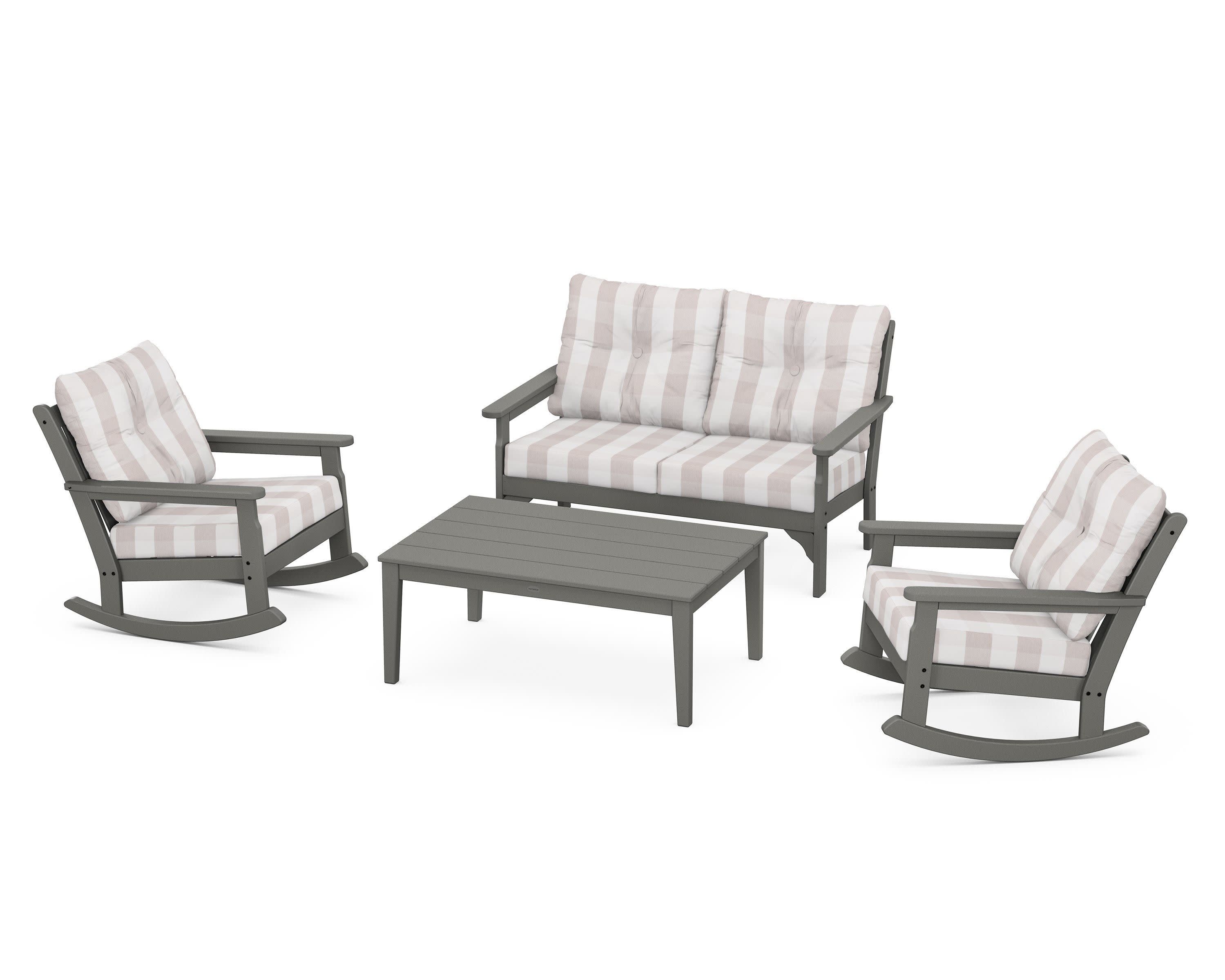 Vineyard 4-Piece Deep Seating Rocking Chair Set in Slate Grey / Buffalo Plaid Dune Burlap