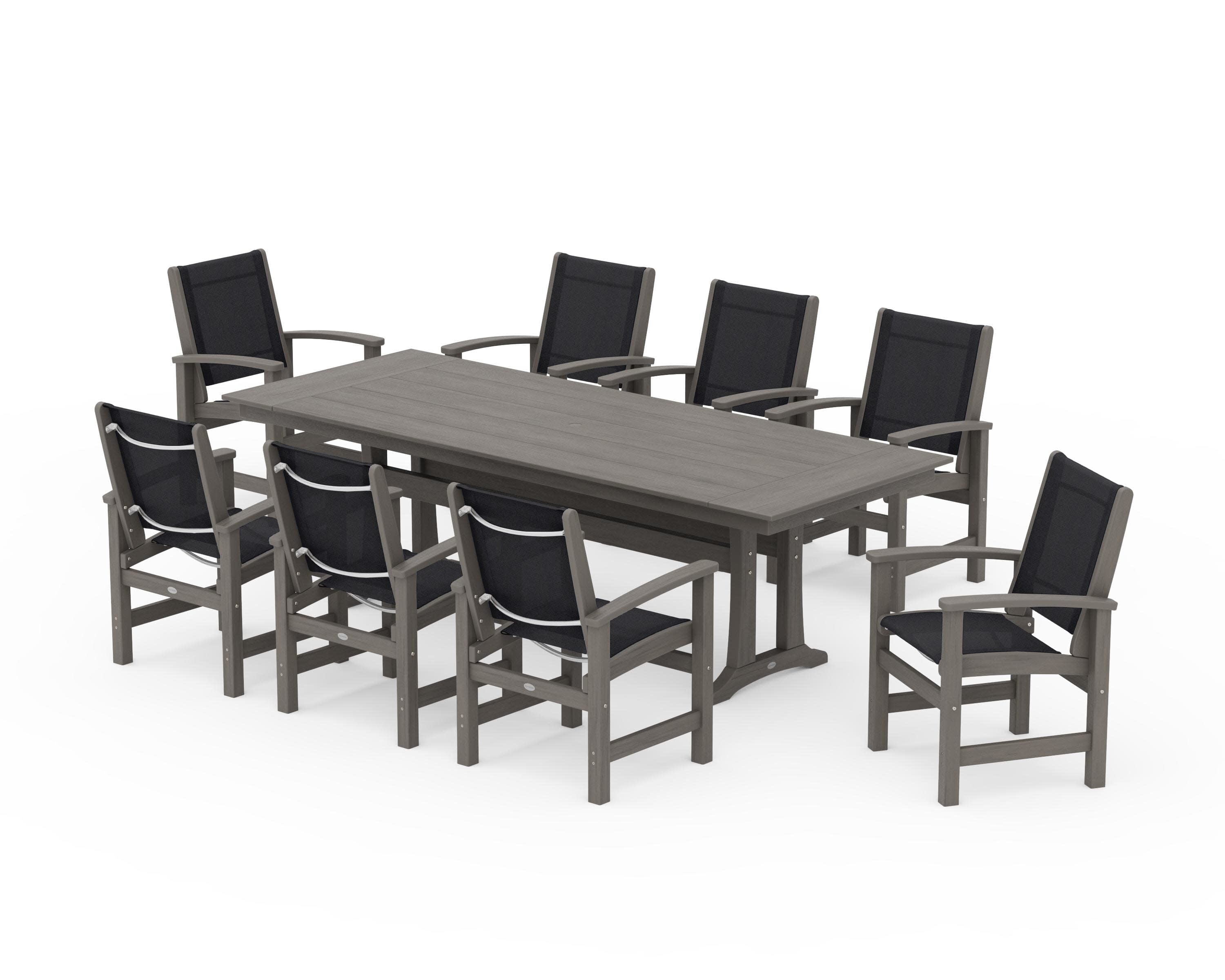 Coastal 9-Piece Farmhouse Dining Set with Trestle Legs in Driftwood / Black Sling
