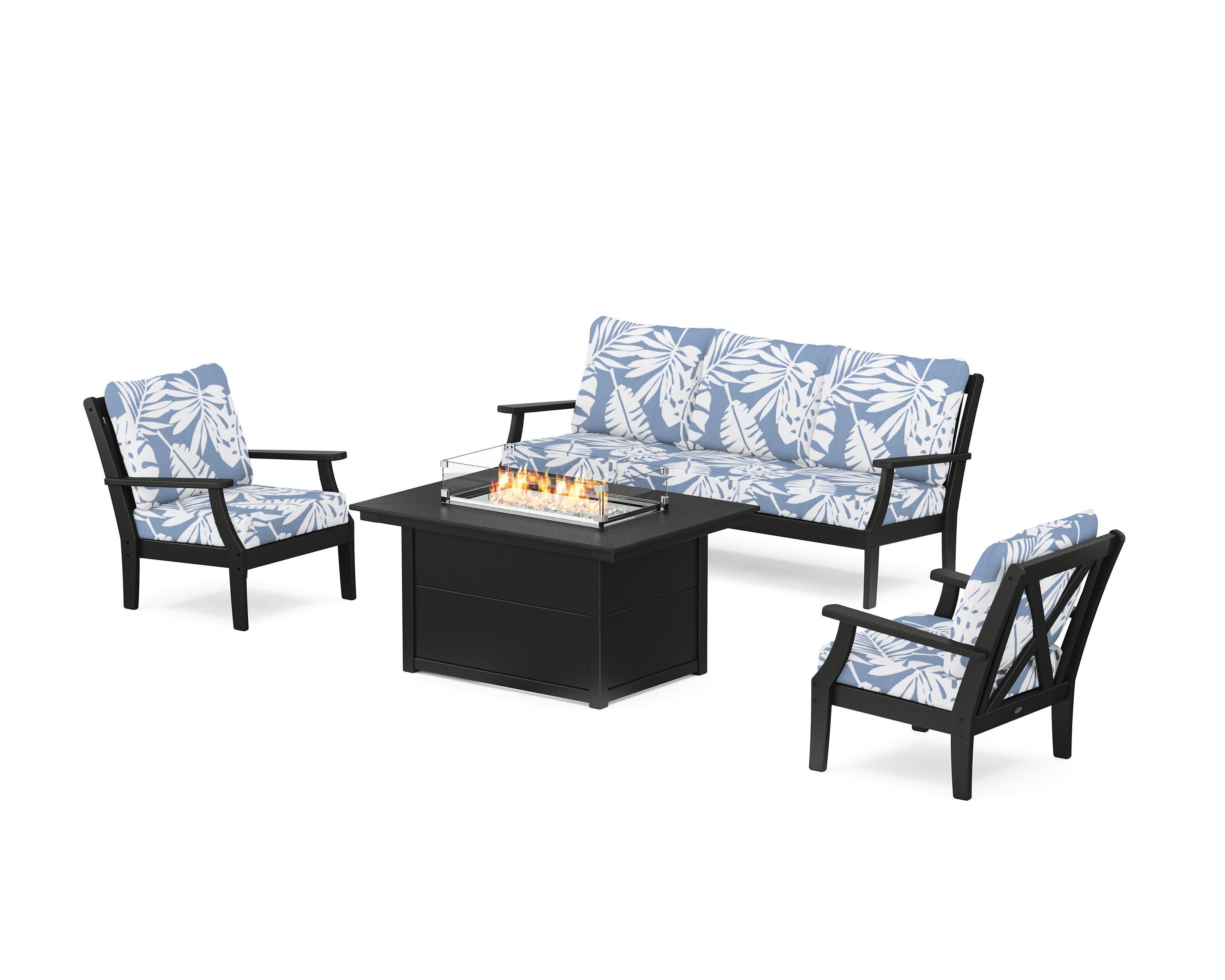 Braxton Deep Seating Fire Pit Table Set in Black / Leaf Sky Blue