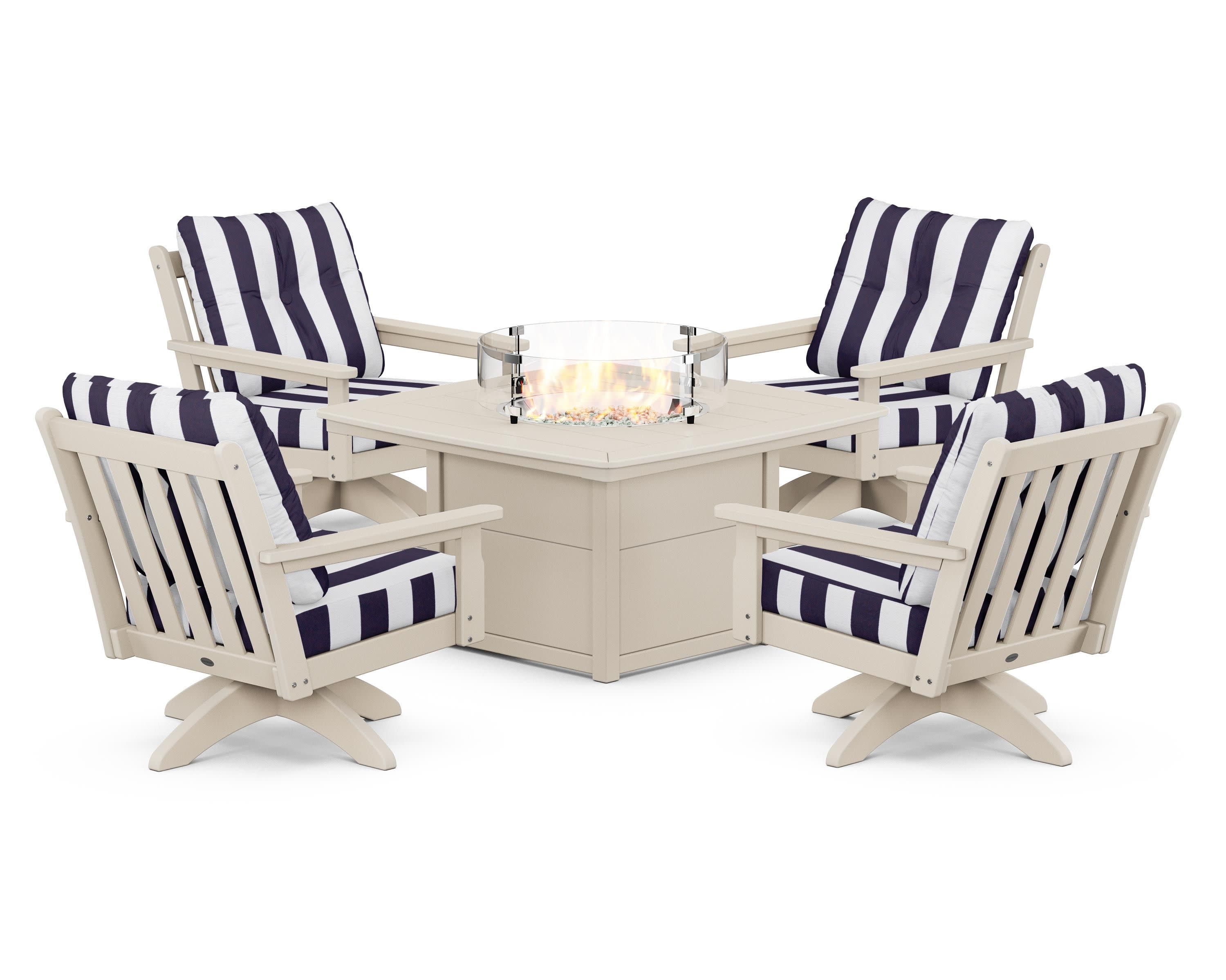 Vineyard 5-Piece Deep Seating Swivel Conversation Set with Fire Pit Table in Sand / Cabana Stripe Navy