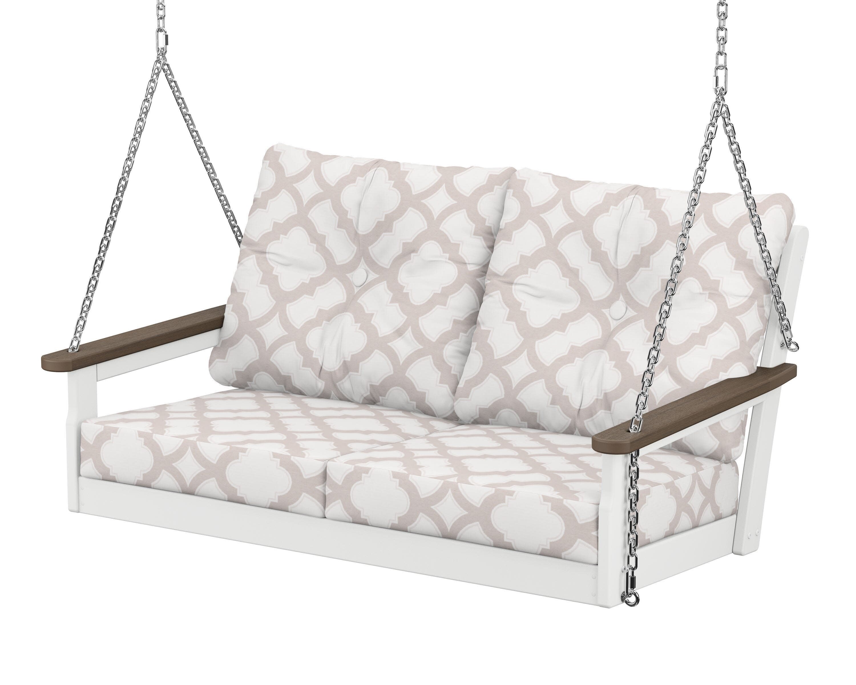 Vineyard Deep Seating Swing in White / Kona / Trellis Dune Burlap