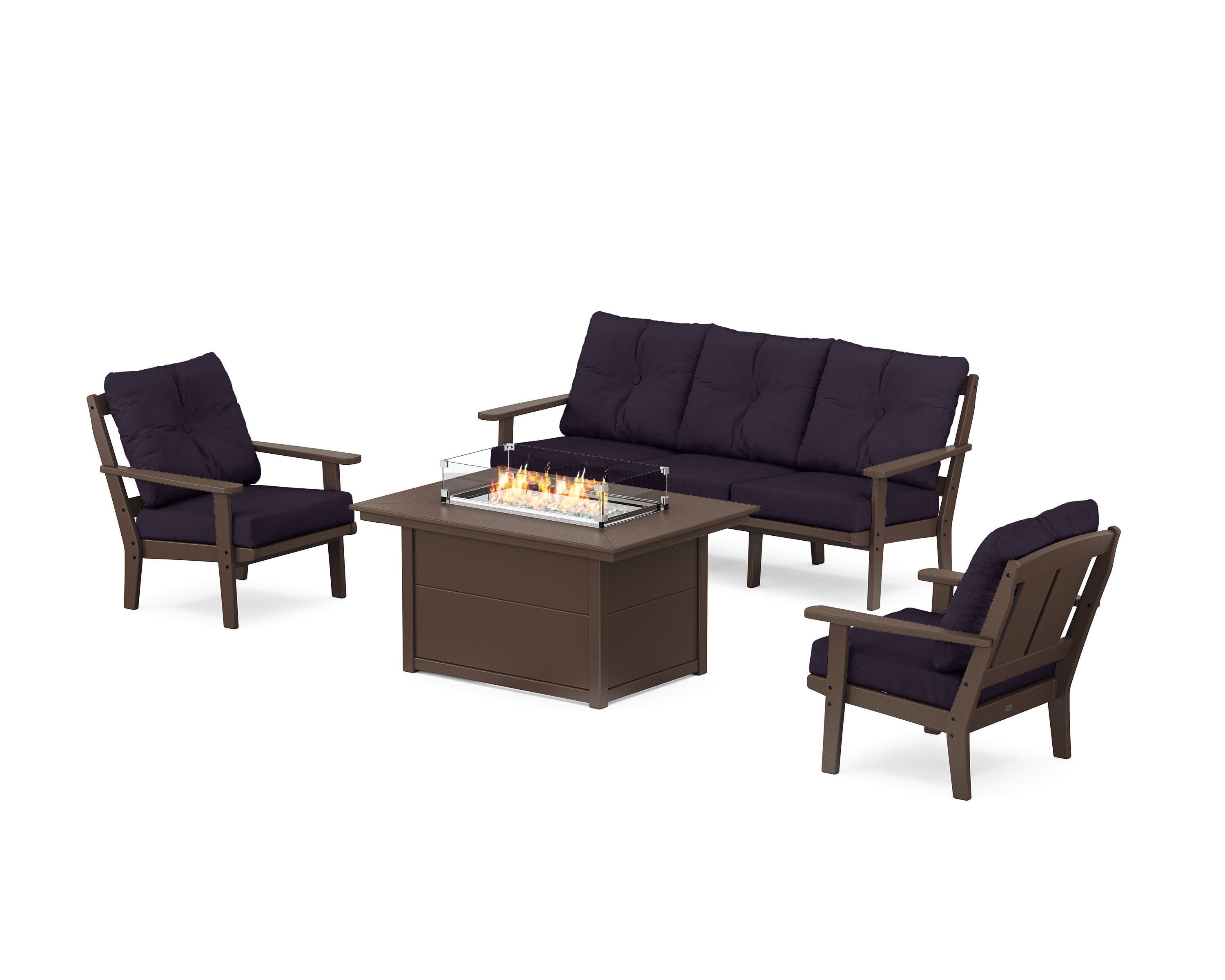Mission Deep Seating Fire Pit Table Set in Mahogany / Navy Linen