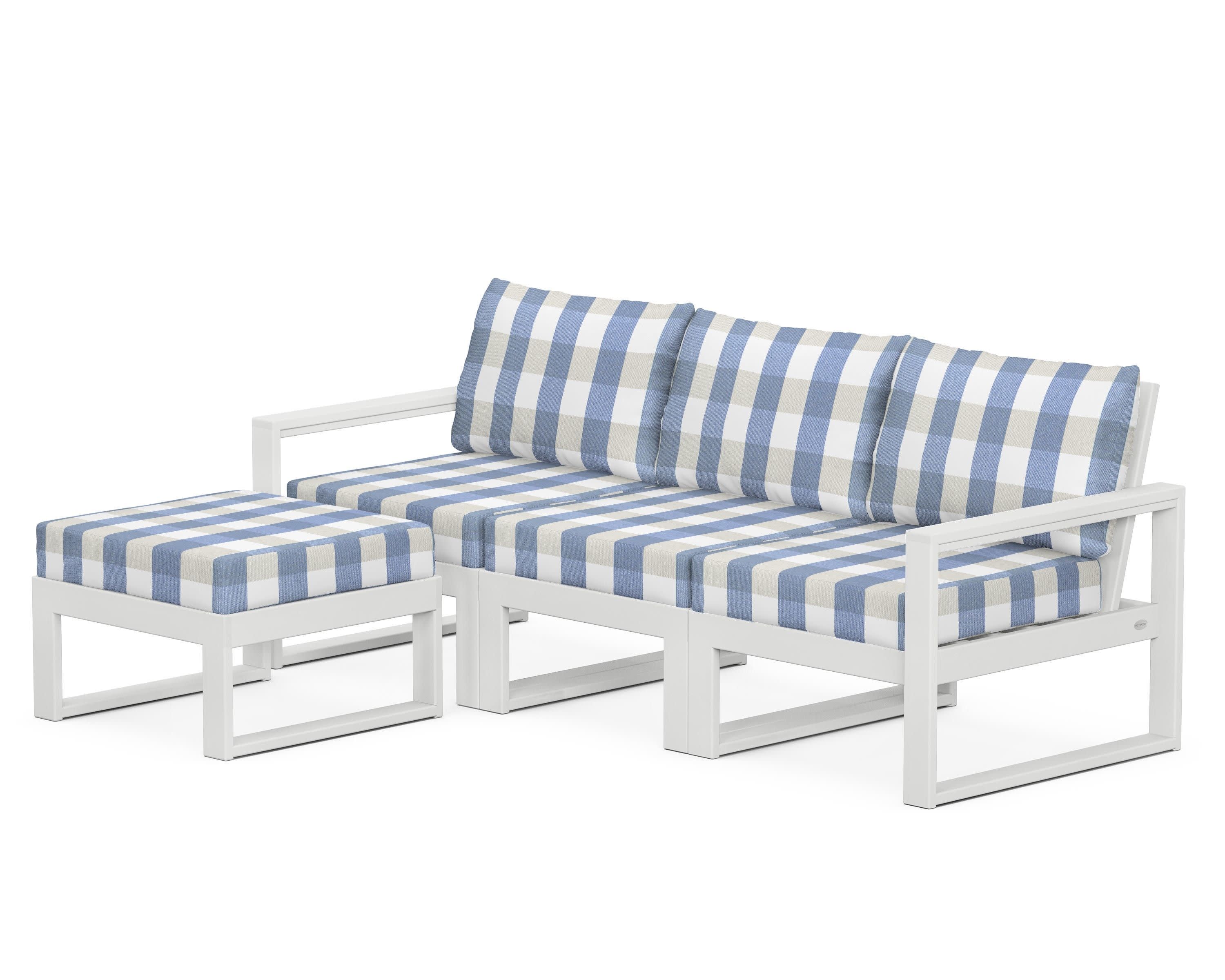 EDGE 4-Piece Modular Deep Seating Set with Ottoman in White / Buffalo Plaid Sky Blue