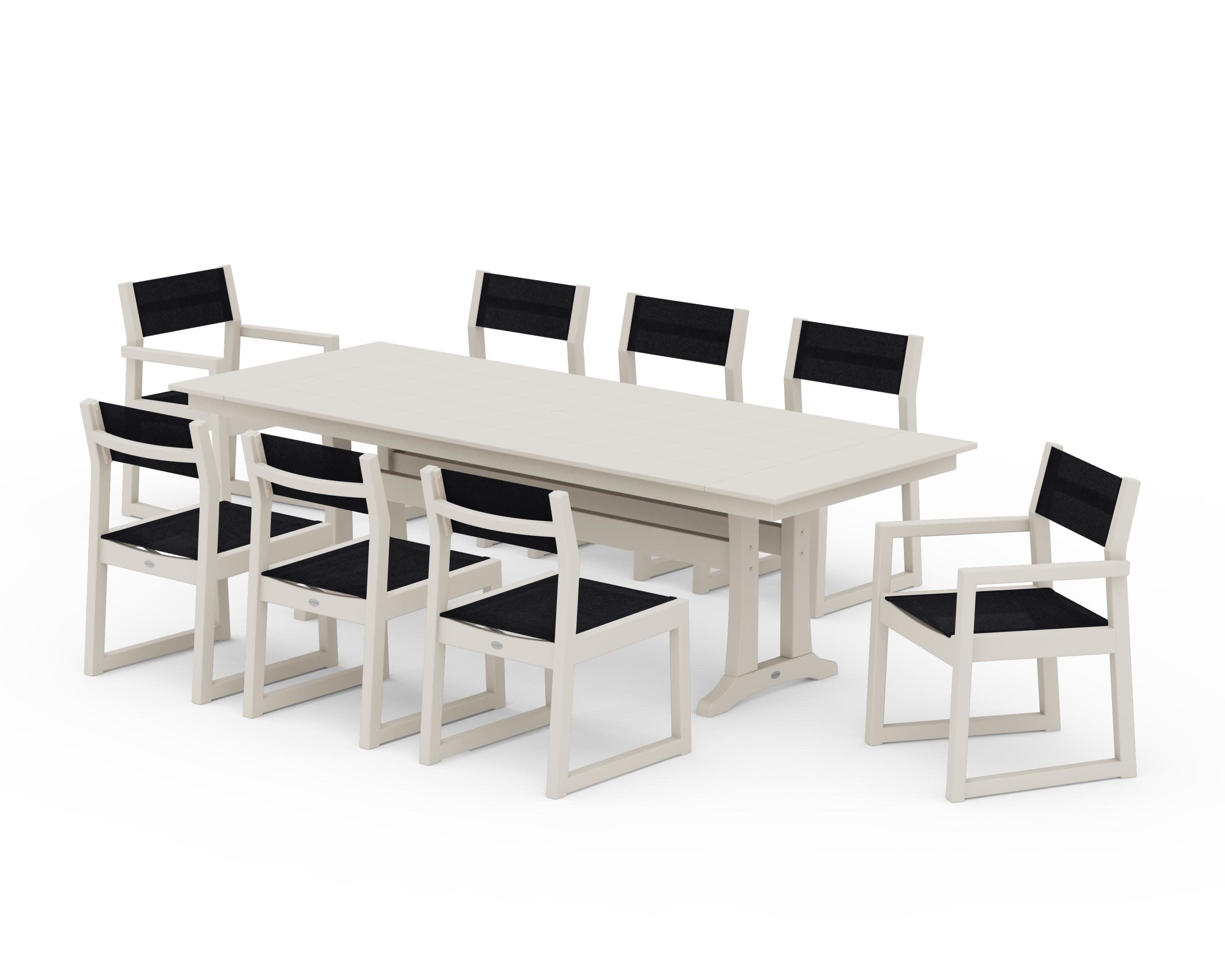 EDGE Sling 9-Piece Farmhouse Trestle Dining Set in Sand / Black Sling