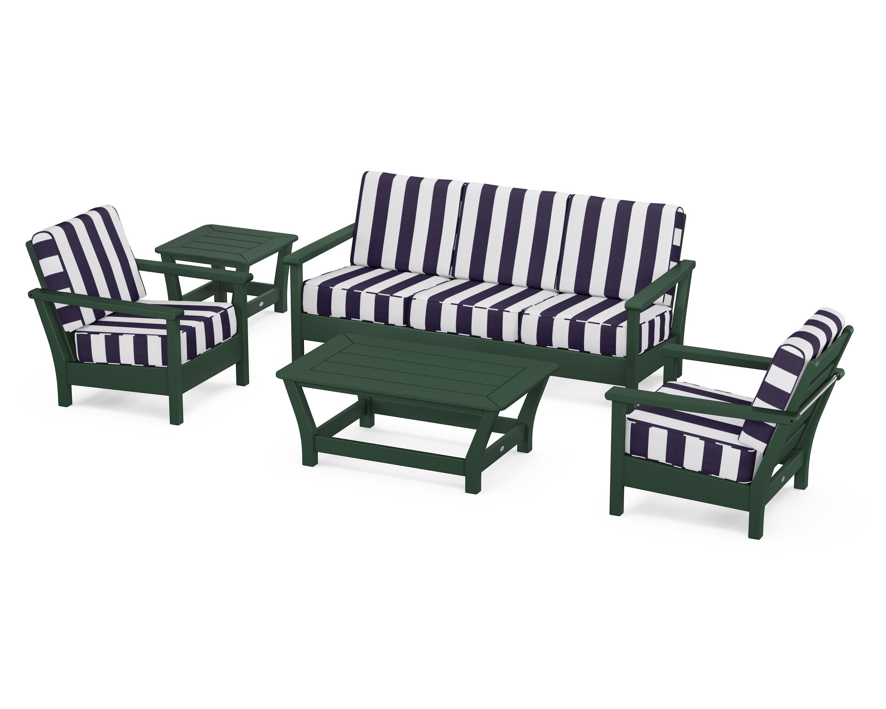 Harbour 5-Piece Deep Seating Set in Green / Cabana Stripe Navy