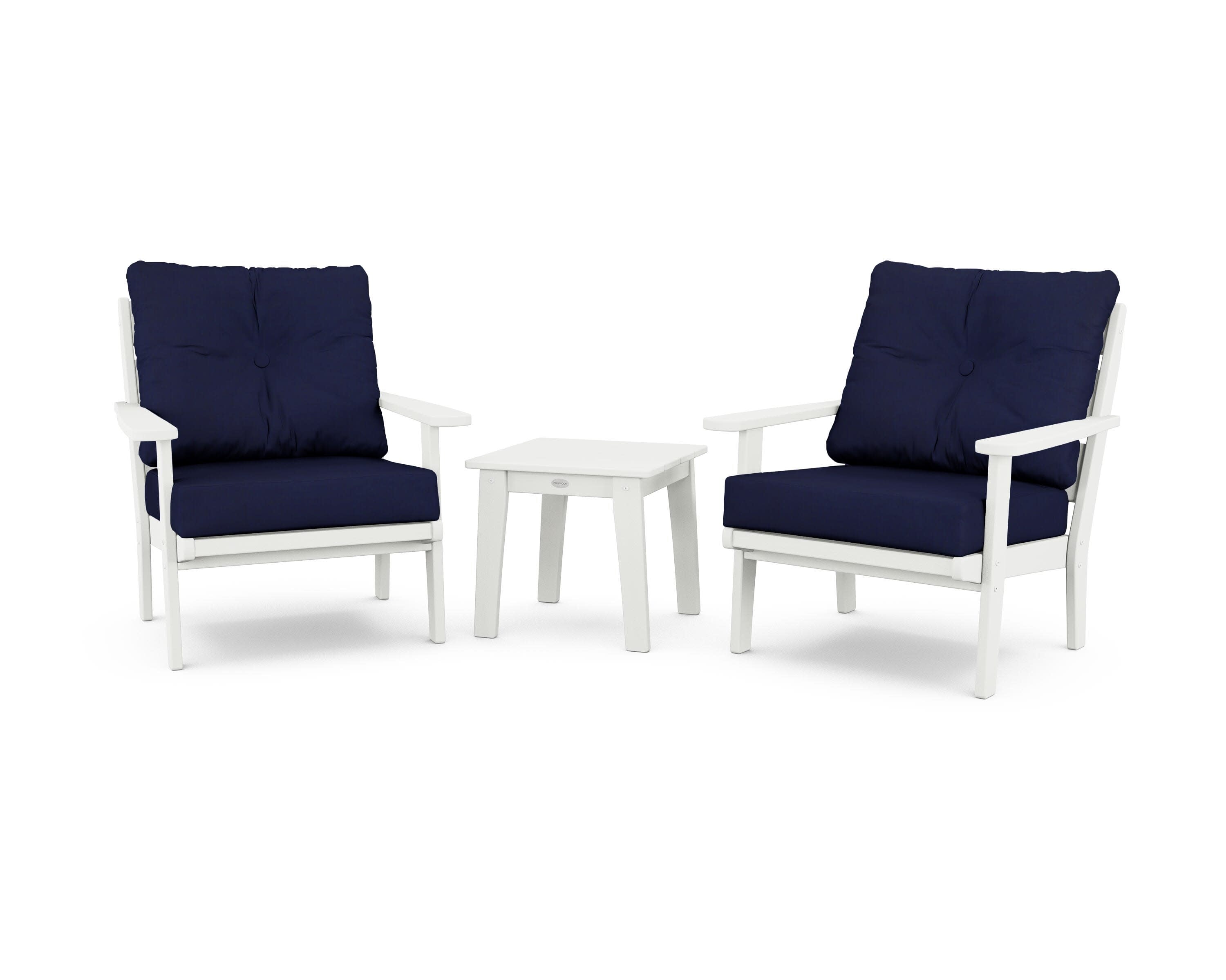 Lakeside 3-Piece Deep Seating Chair Set in Vintage White / Navy