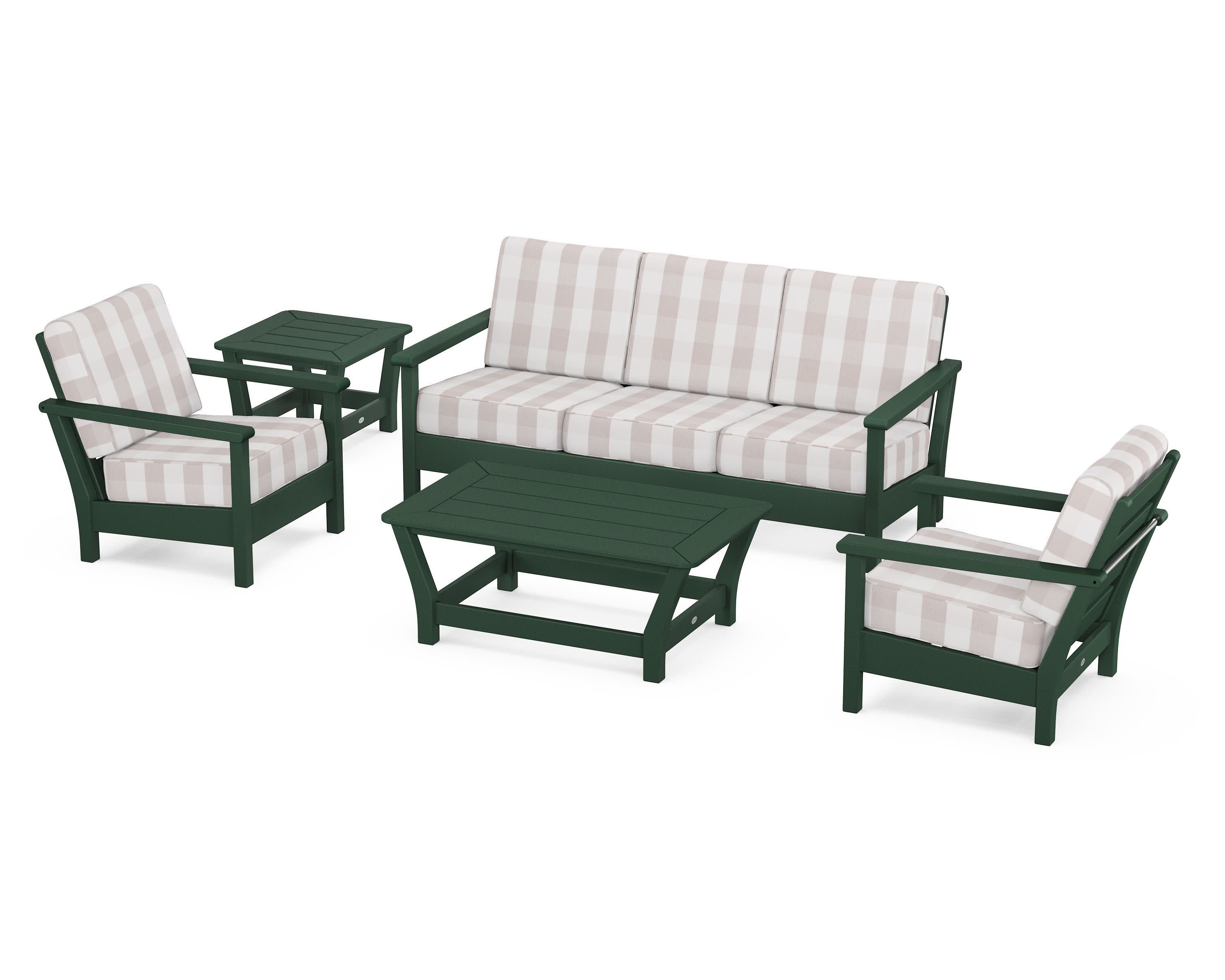 Harbour 5-Piece Deep Seating Set in Green / Buffalo Plaid Dune Burlap