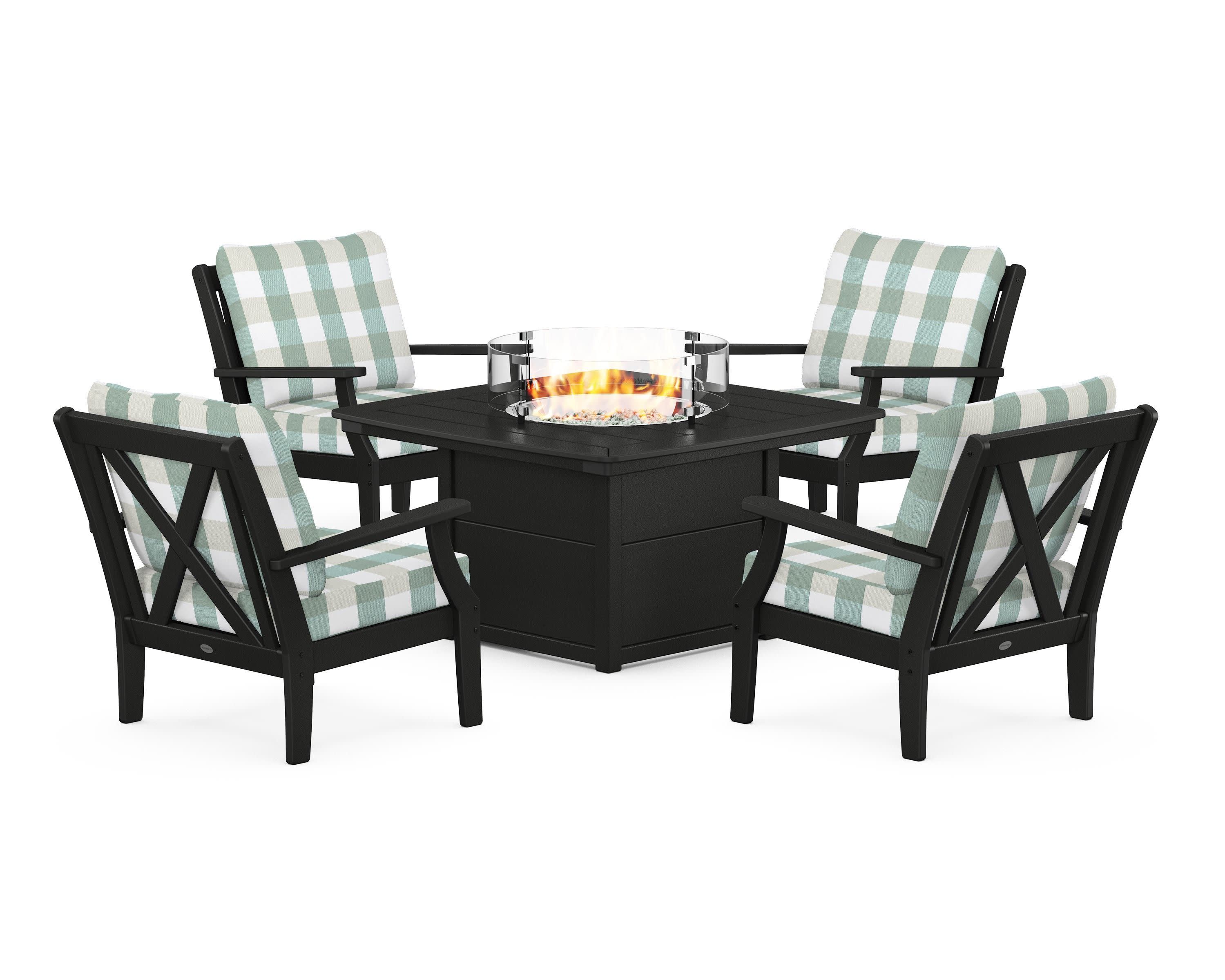 Braxton 5-Piece Deep Seating Conversation Set with Fire Pit Table in Black / Buffalo Plaid Glacier Spa