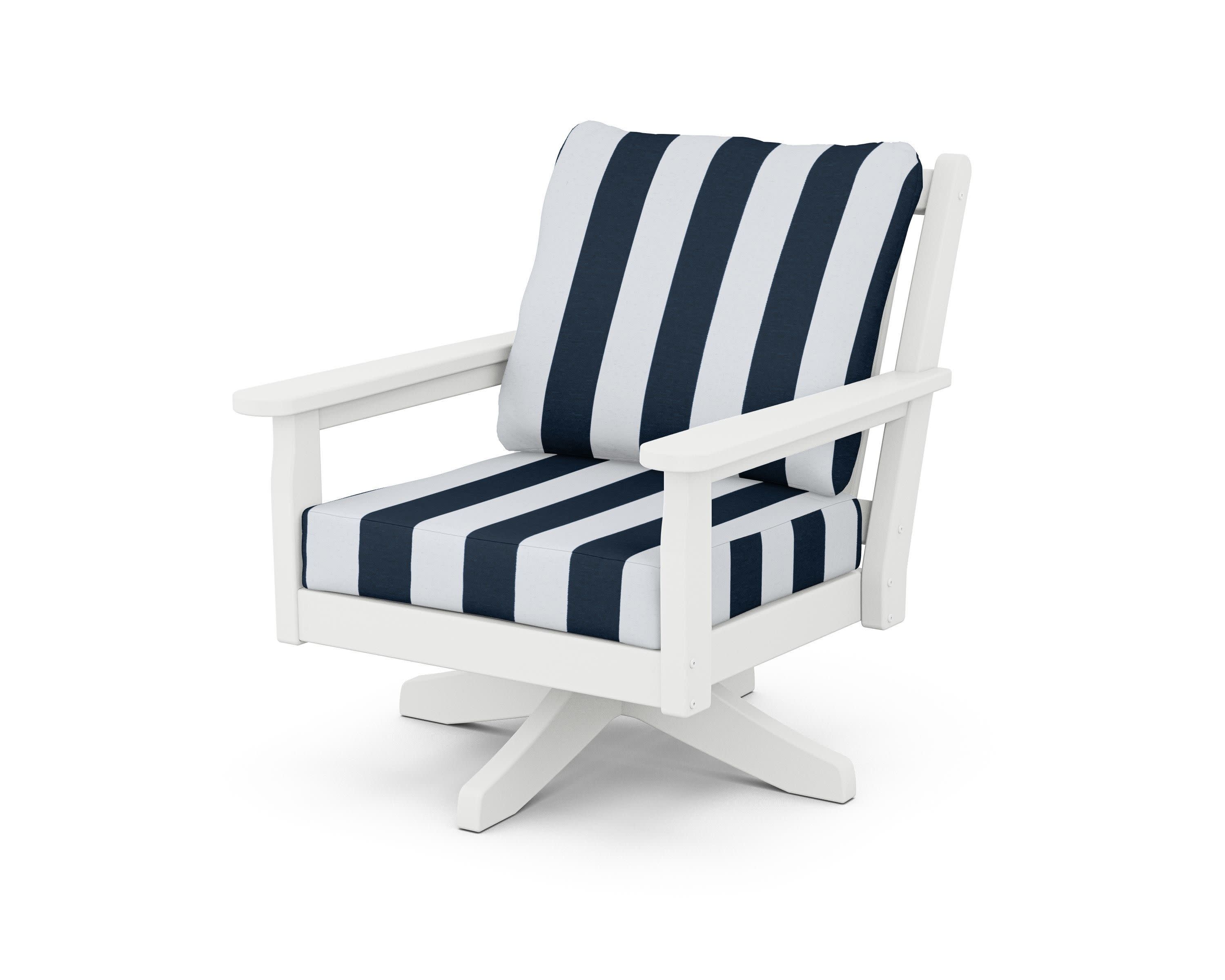 Chippendale Deep Seating Swivel Chair in White / Cabana Stripe Marine Indigo