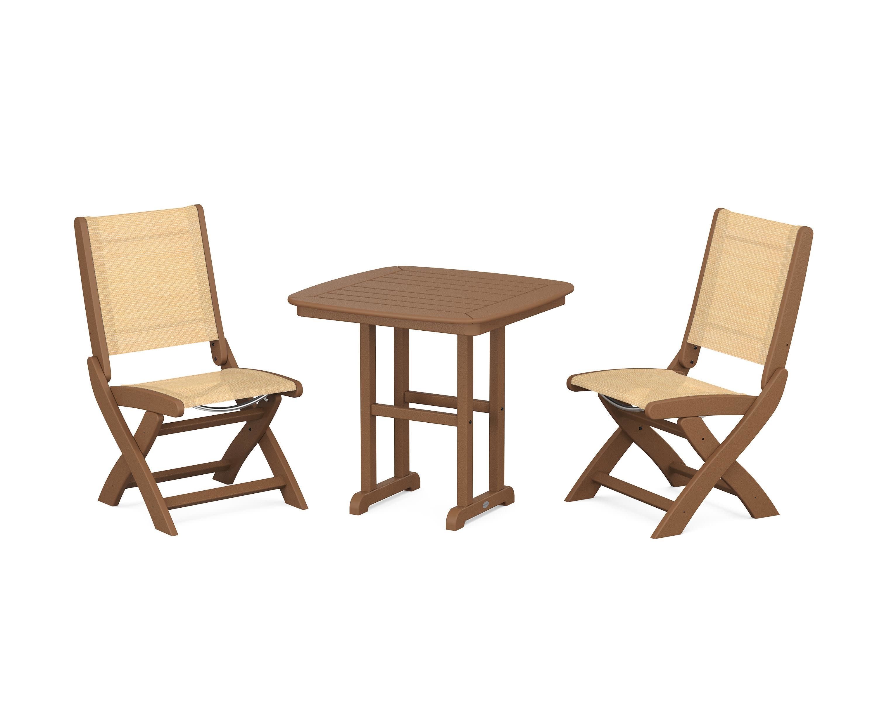 Coastal Folding Side Chair 3-Piece Dining Set in Teak / Dupioni Apricot Sling