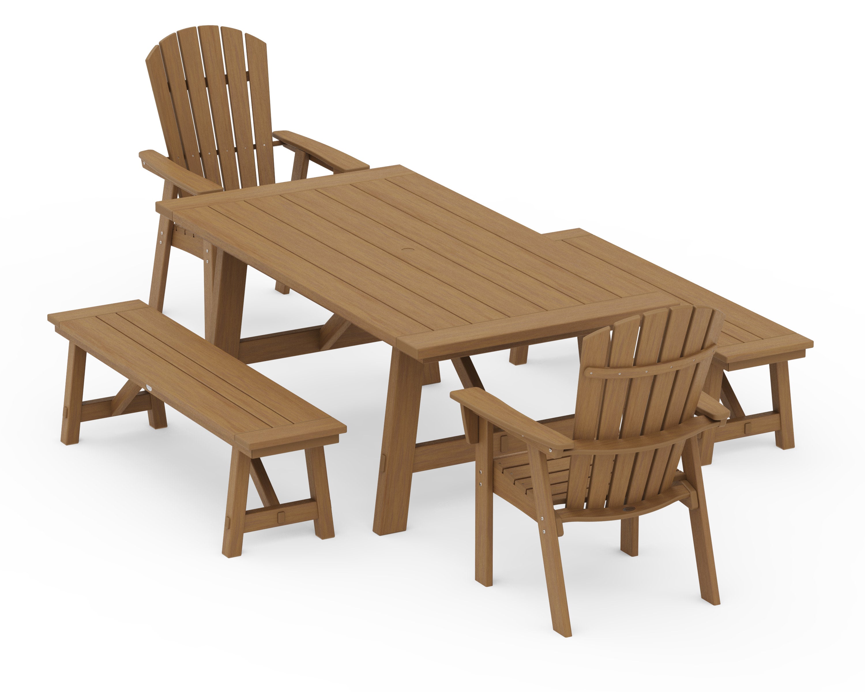 Nautical Curveback Adirondack 5-Piece Rustic Farmhouse Dining Set With Benches in Natural