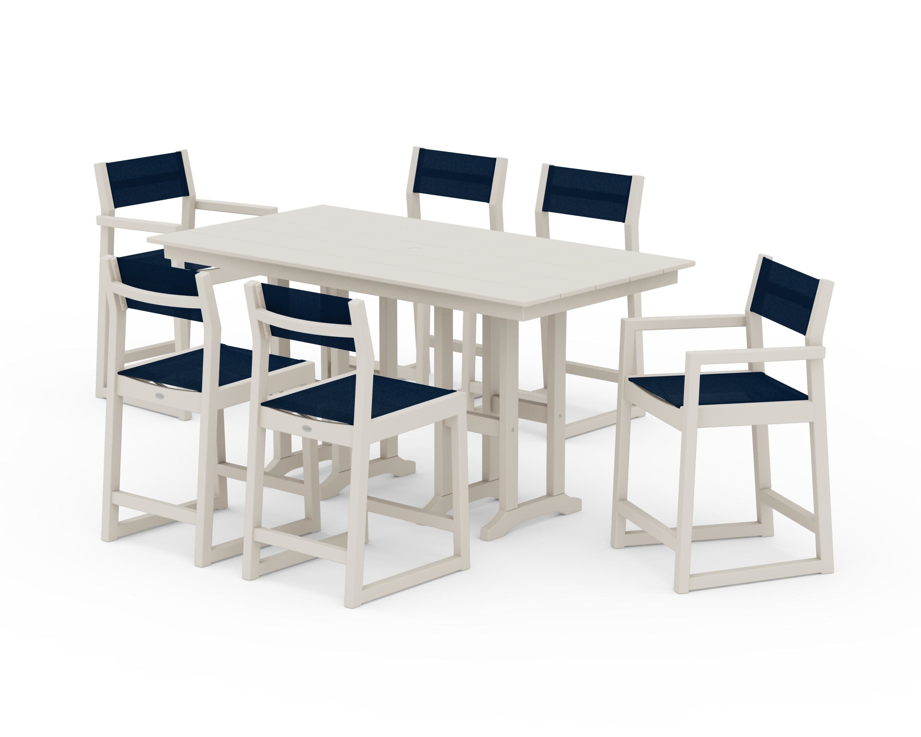 EDGE Sling 7-Piece Farmhouse Counter Set in Sand / Navy Blue Sling
