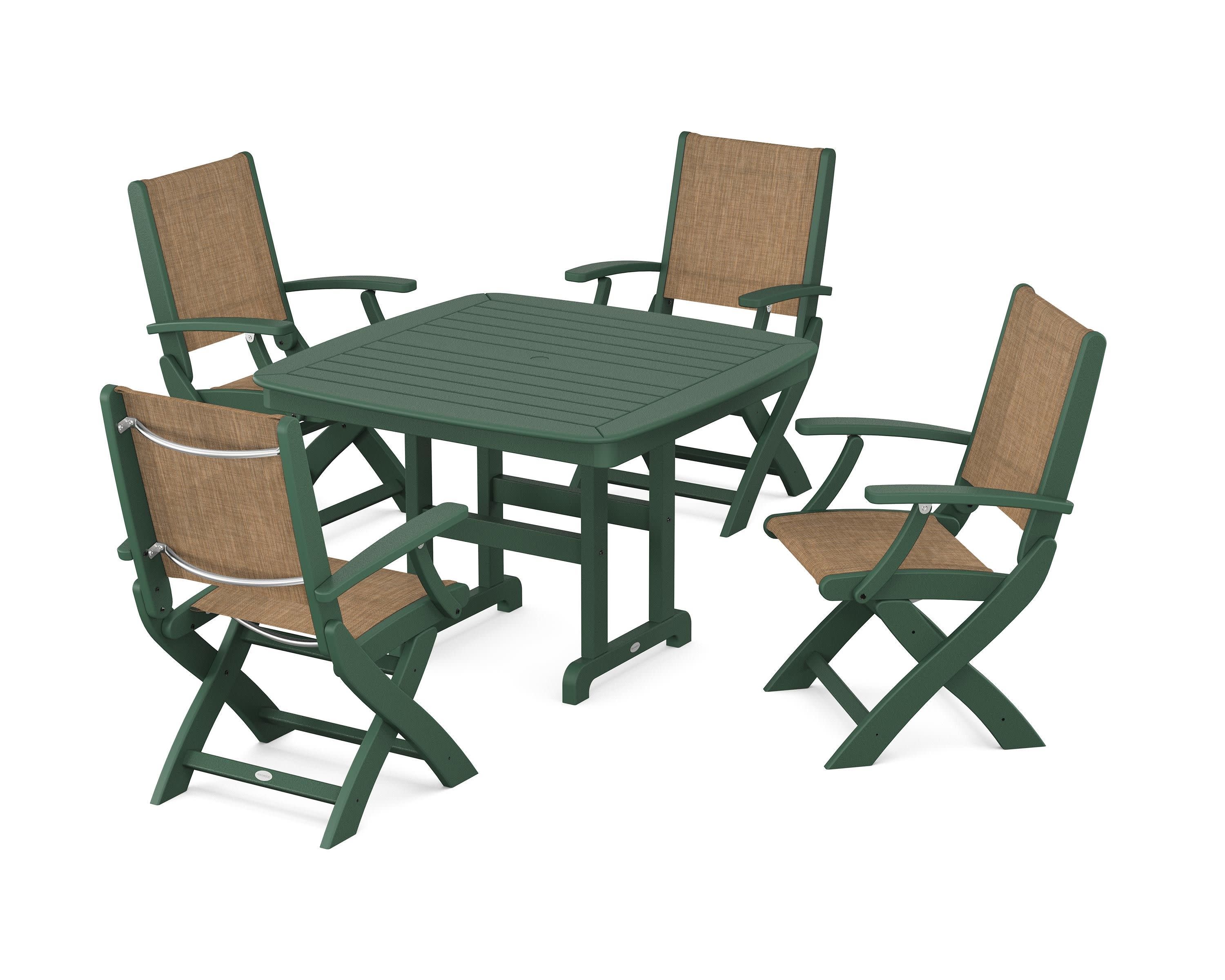 Coastal Folding Chair 5-Piece Dining Set in Green / Burlap Sling