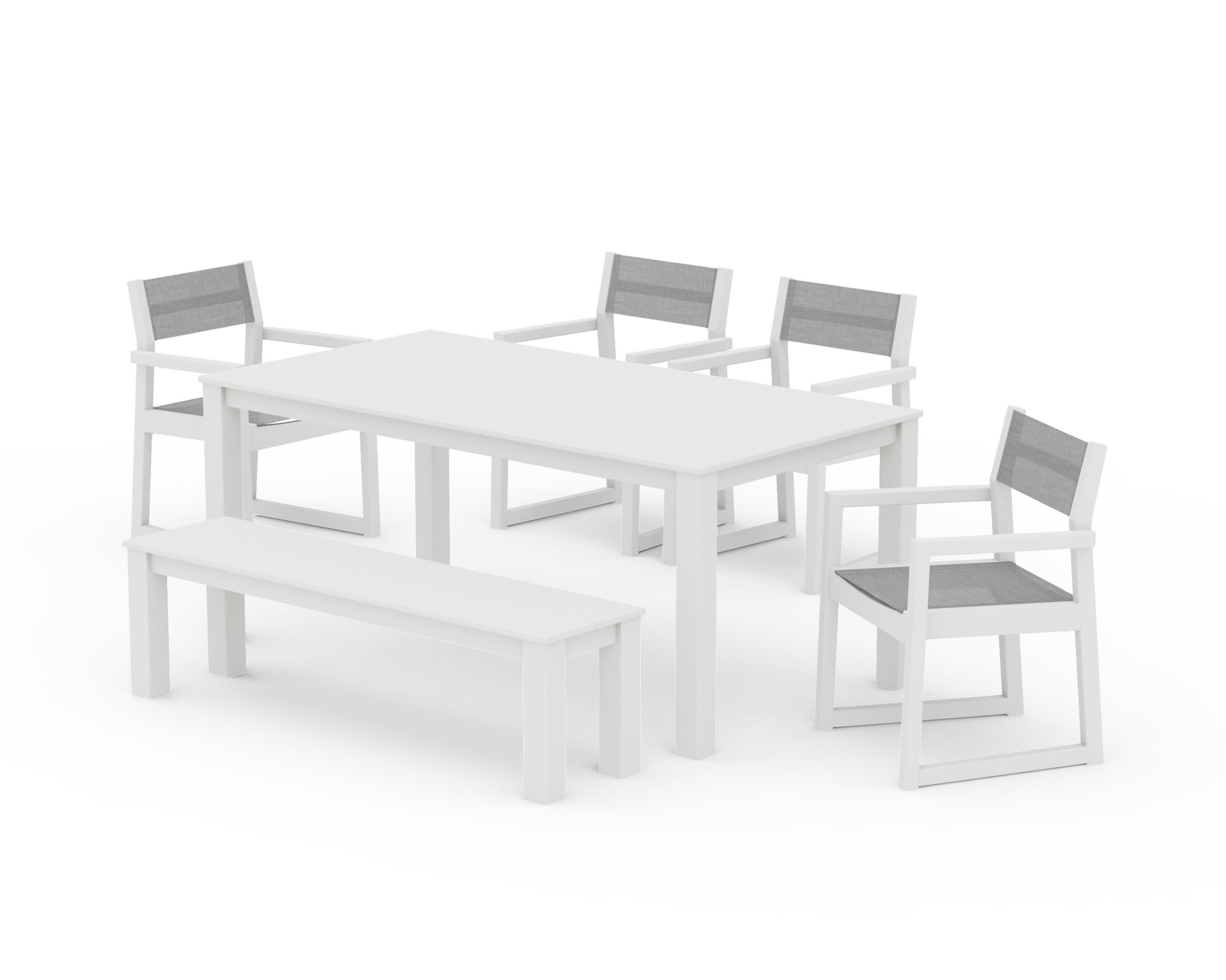 EDGE Sling Arm Chair 6-Piece Parsons Dining Set with Bench in Vintage White / Metallic Sling