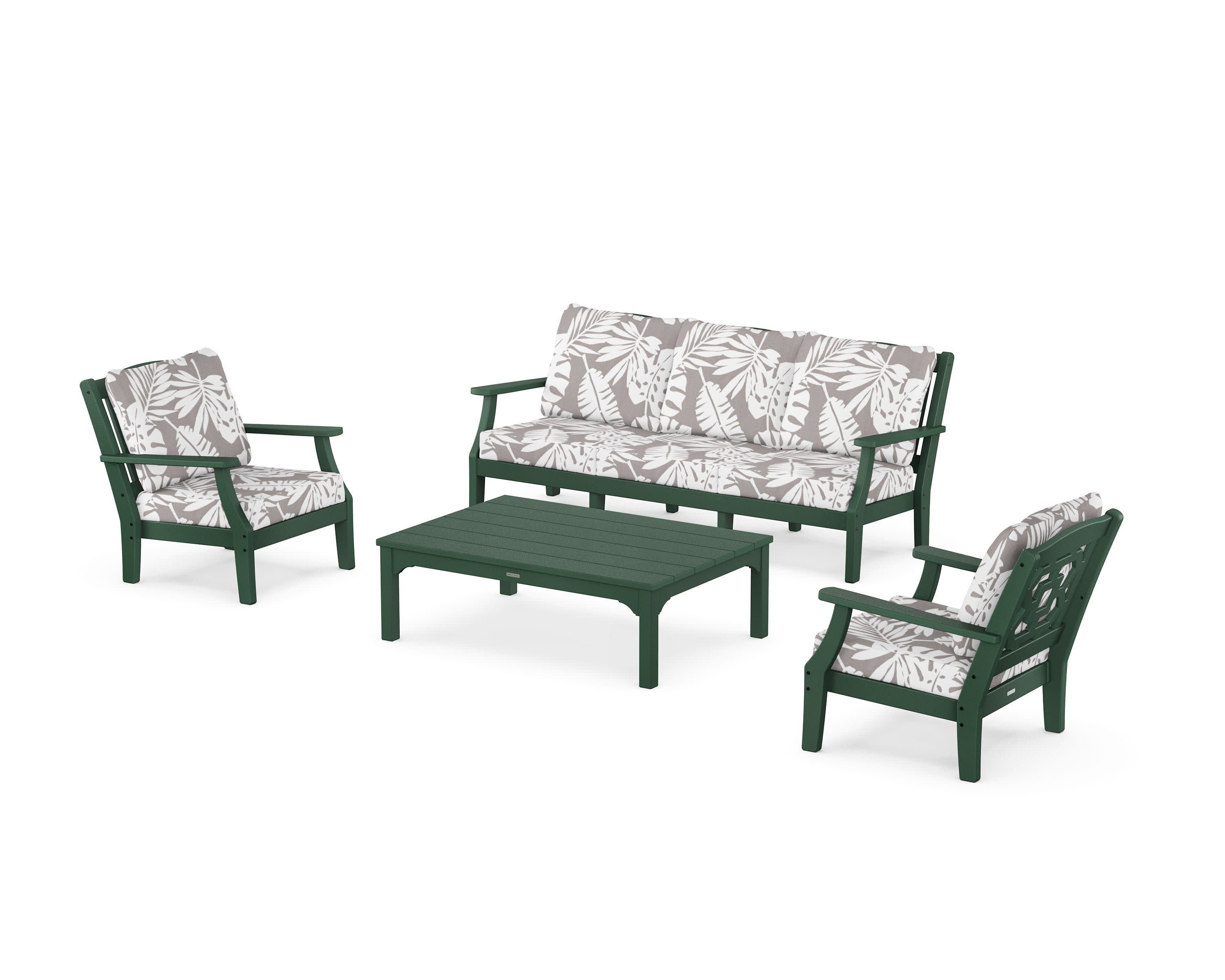 Chinoiserie 4-Piece Deep Seating Set with Sofa in Green / Leaf Grey Mist