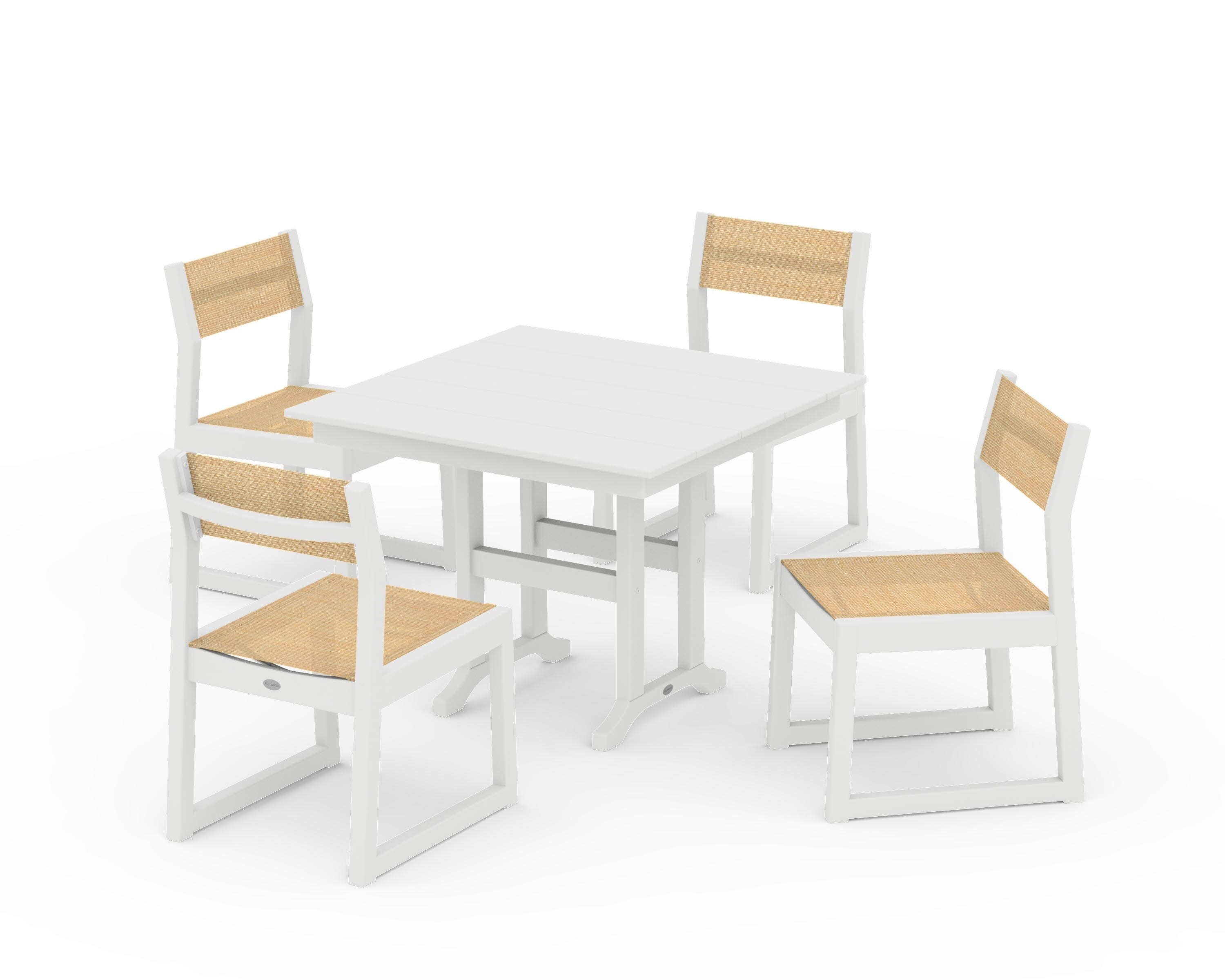 EDGE Sling Side Chair 5-Piece Farmhouse Dining Set in White / Dupioni Apricot Sling