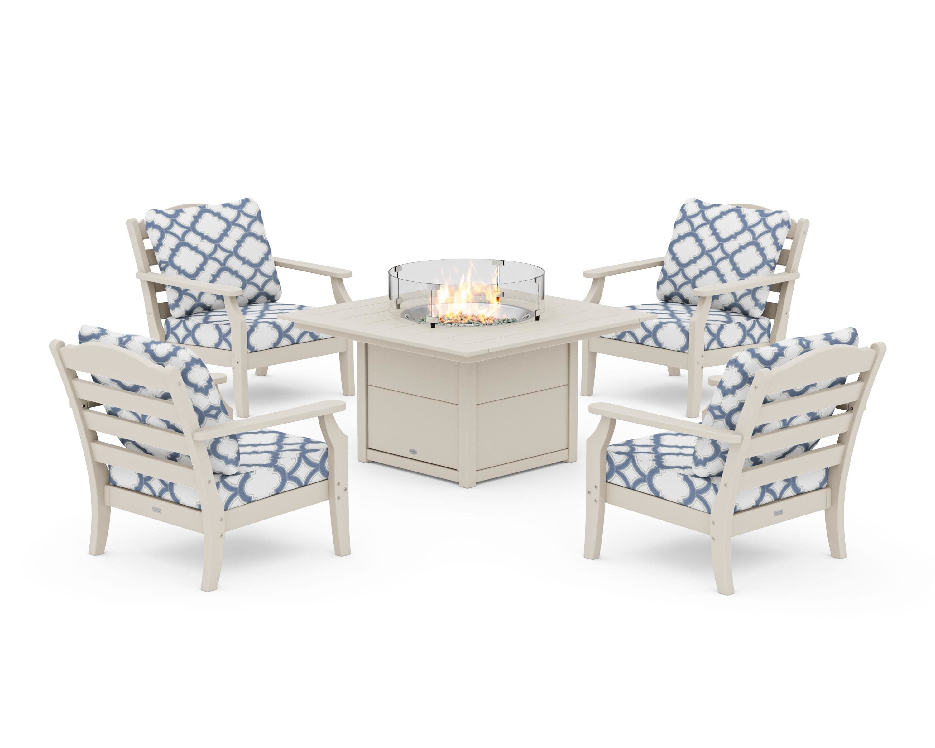 Savannah 5-Piece Deep Seating Set with Fire Pit Table in Sand / Trellis Sky Blue