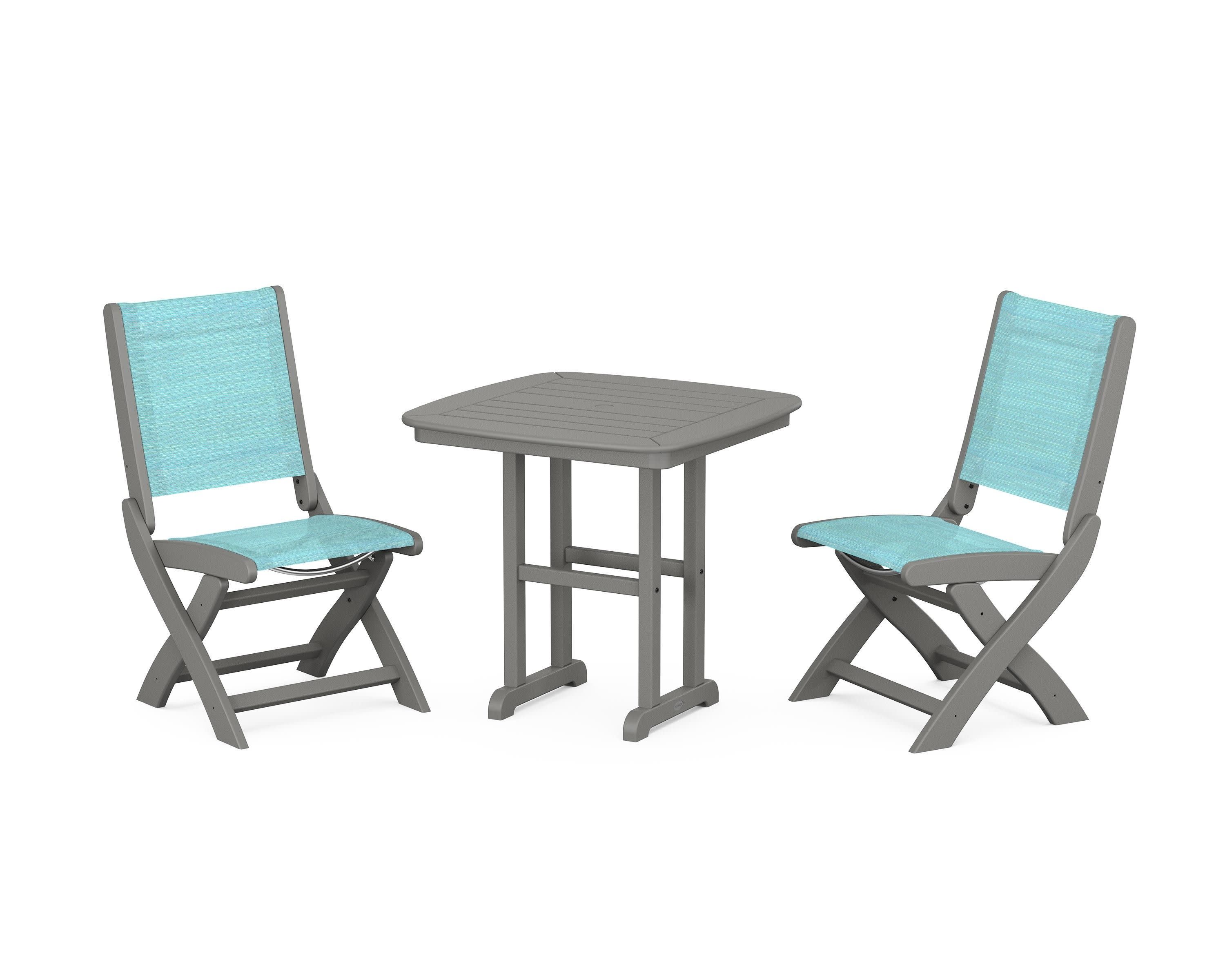 Coastal Folding Side Chair 3-Piece Dining Set in Slate Grey / Dupioni Aquamarine Sling