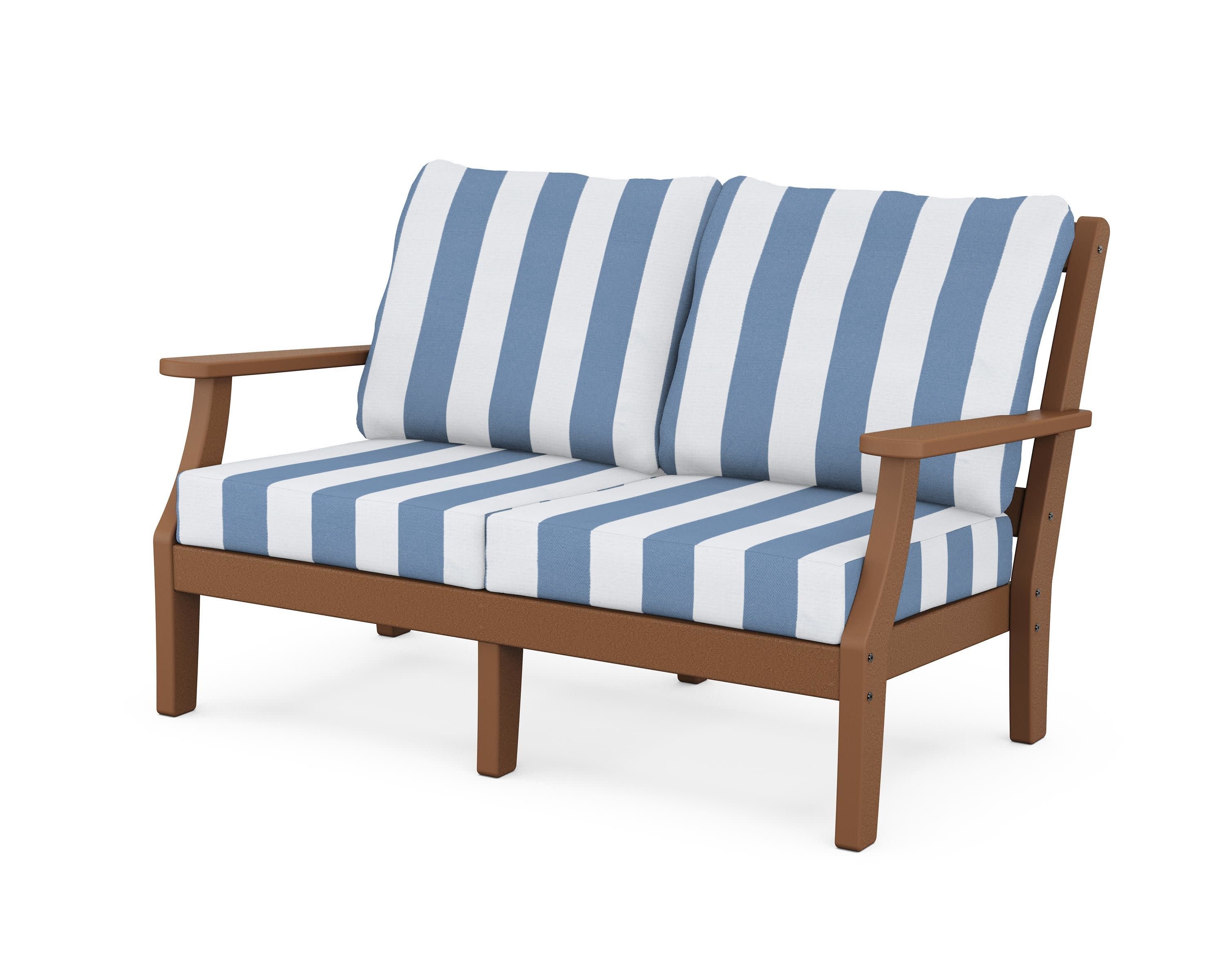 Chinoiserie Deep Seating Loveseat in Teak / Cabana Stripe Sky Blue