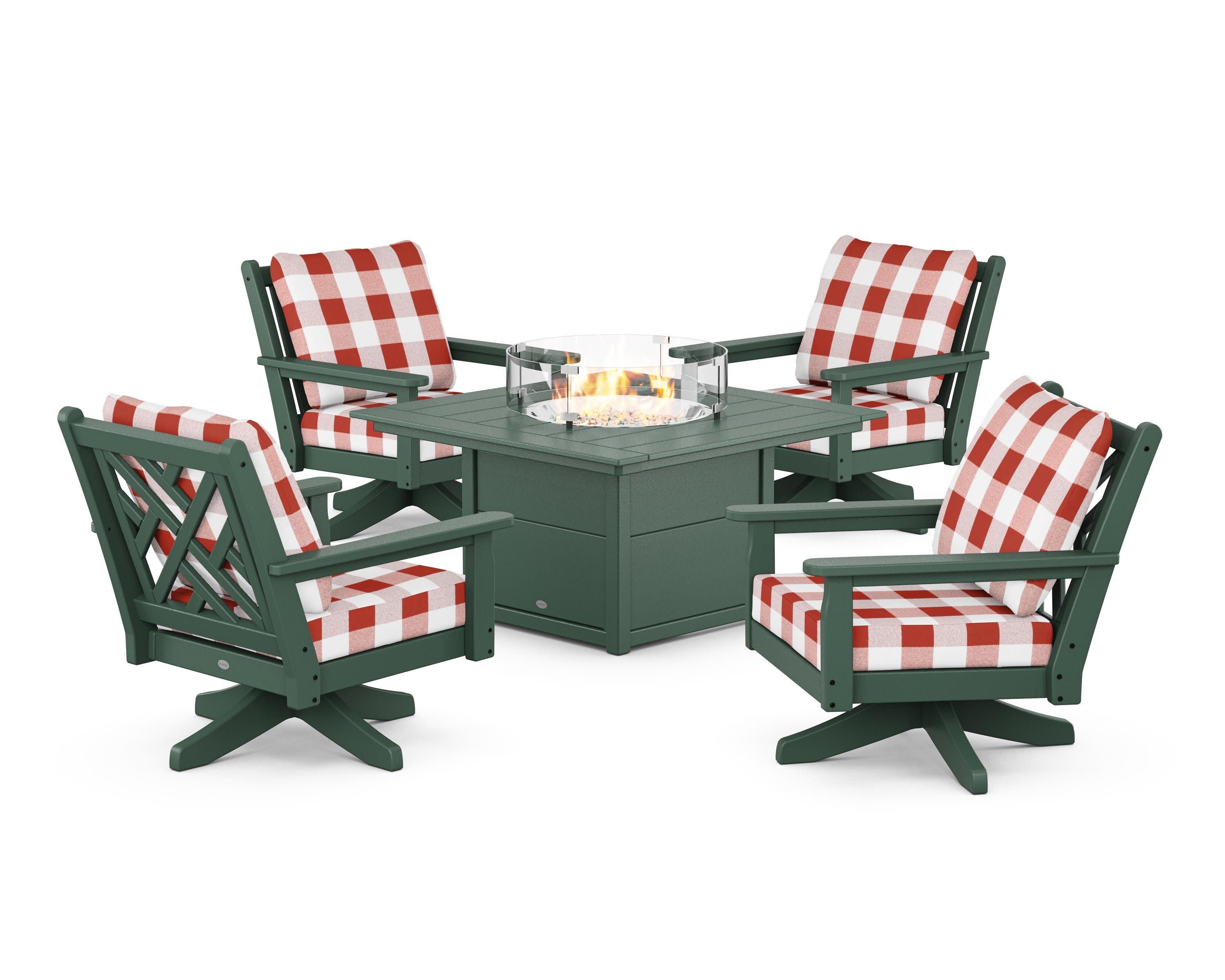 Chippendale 5-Piece Deep Seating Swivel Conversation Set with Fire Pit Table in Green / Buffalo Plaid Crimson