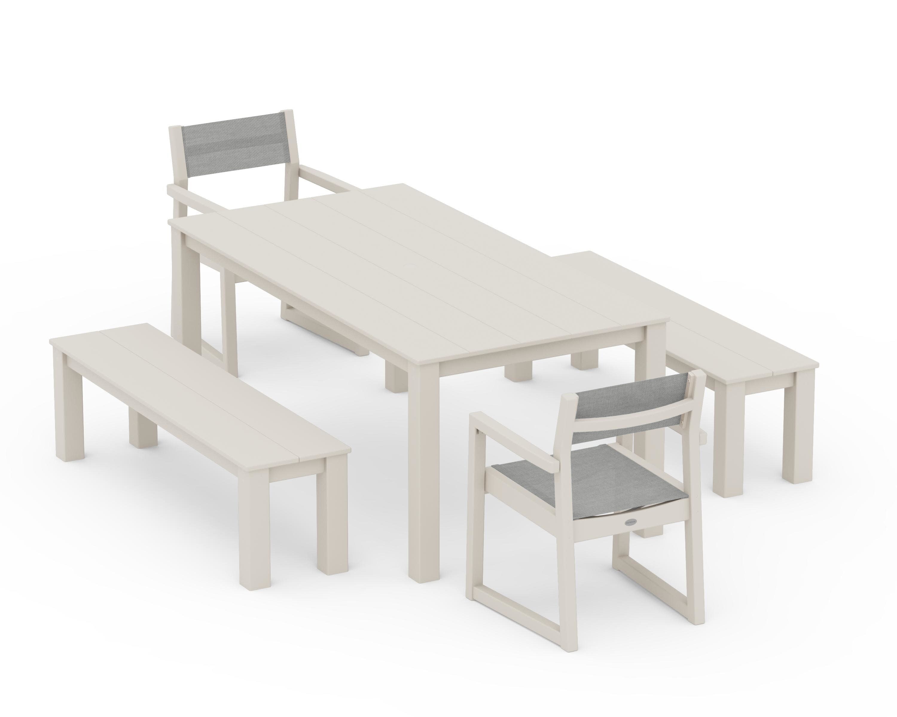 EDGE Sling Arm Chair 5-Piece Parsons Dining Set with Benches in Sand / Metallic Sling