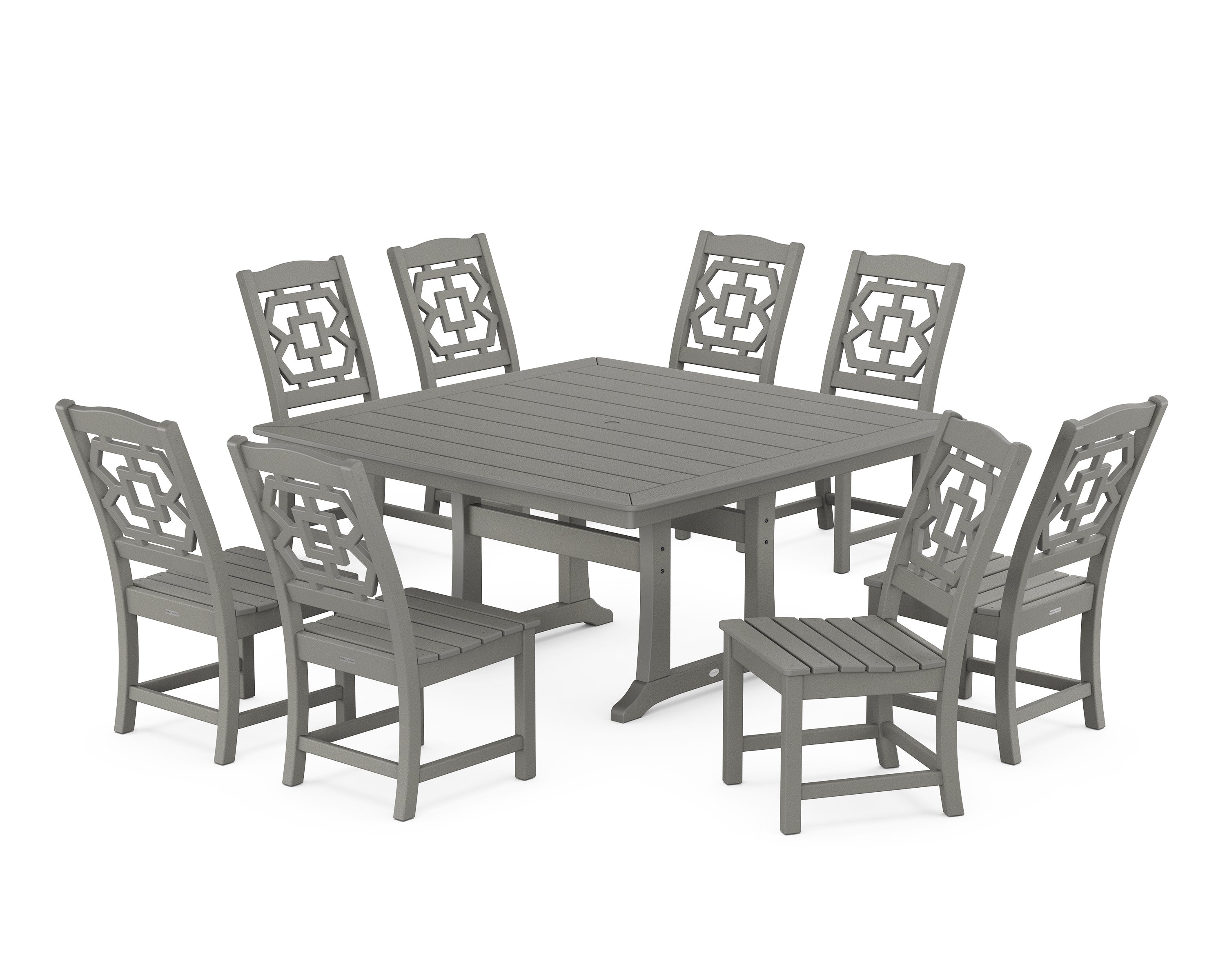 Chinoiserie 9-Piece Square Side Chair Dining Set with Trestle Legs in Slate Grey