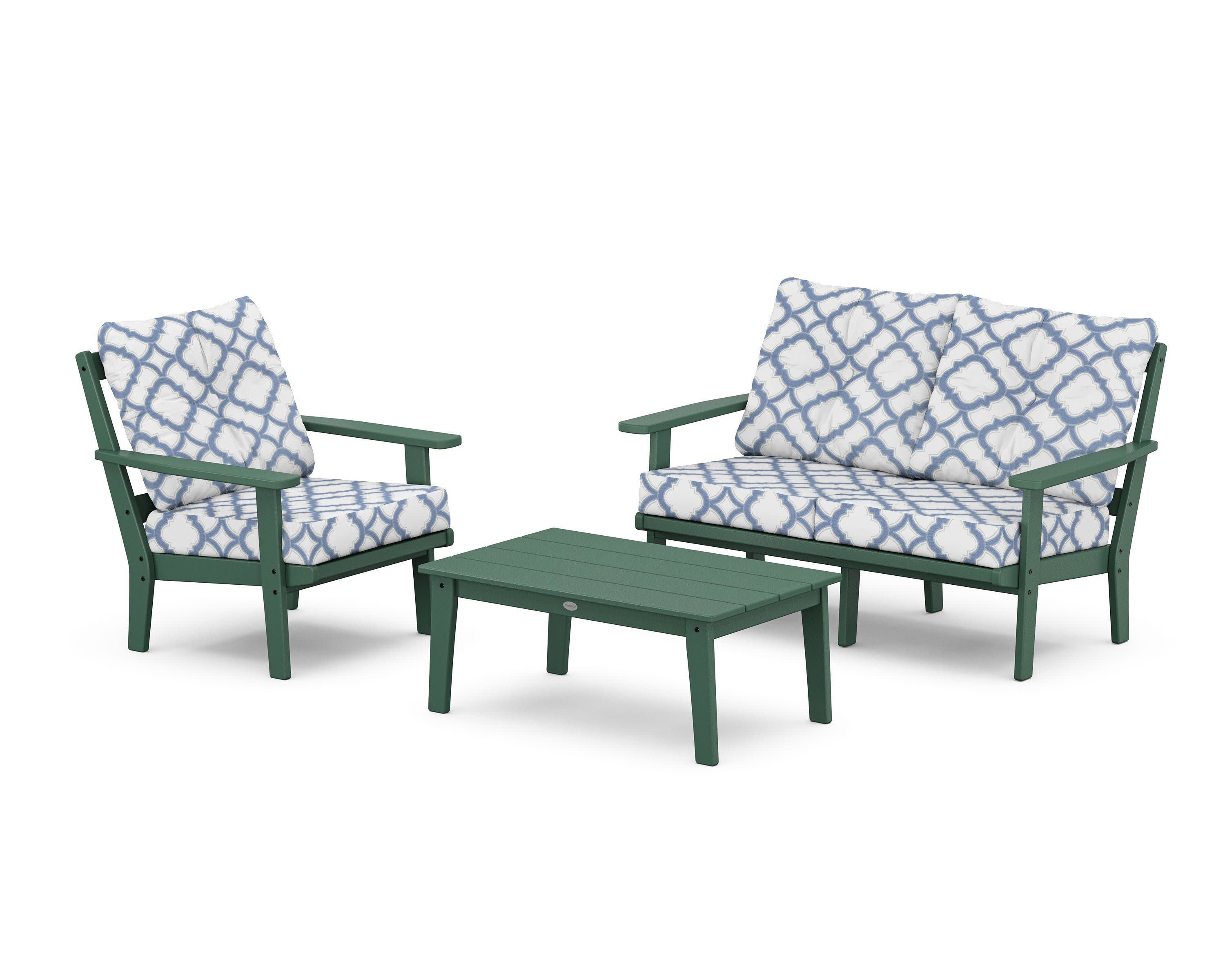 Oxford 3-Piece Deep Seating Set with Loveseat in Green / Trellis Sky Blue