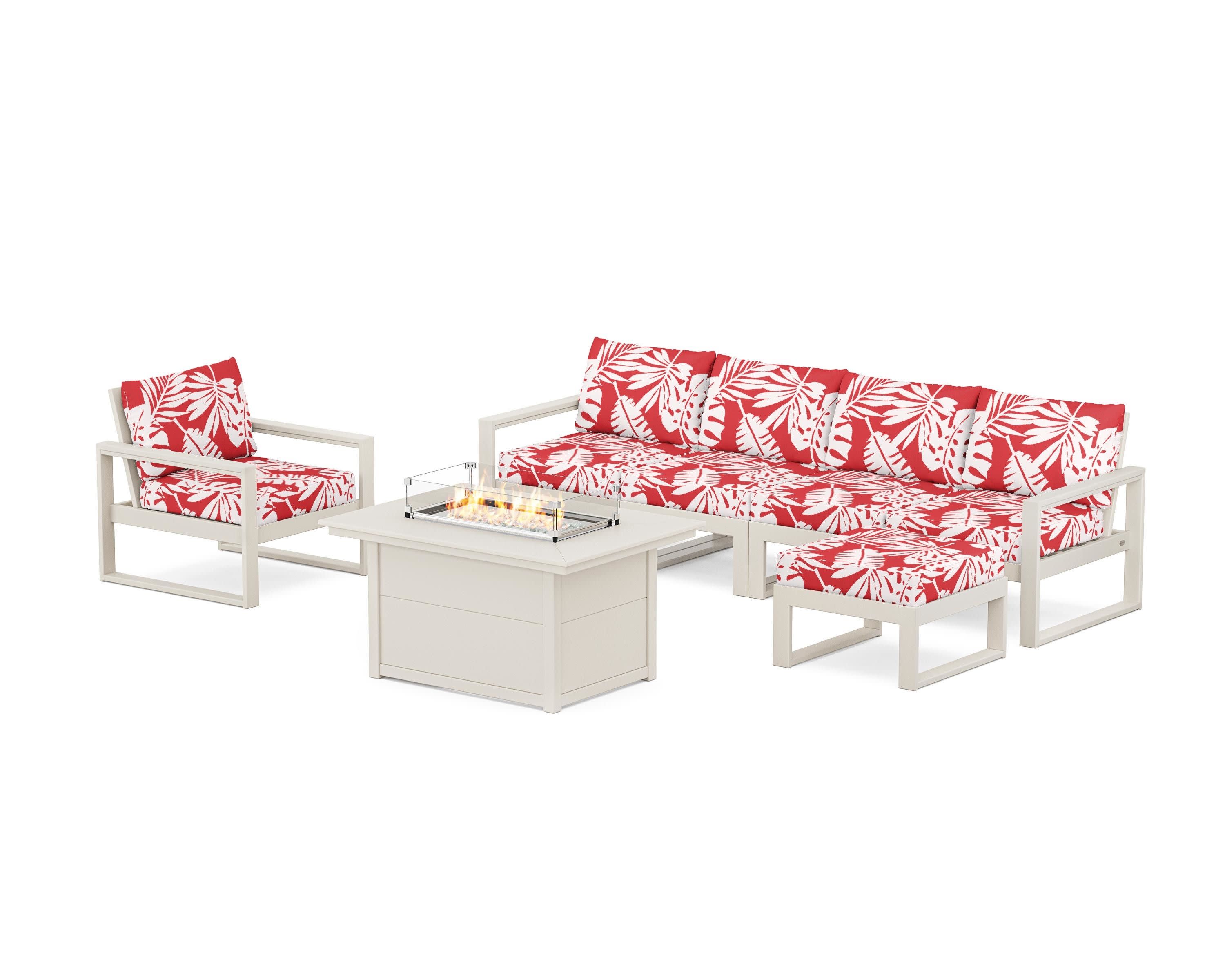 EDGE Sectional Lounge and Fire Pit Set in Sand / Leaf Crimson