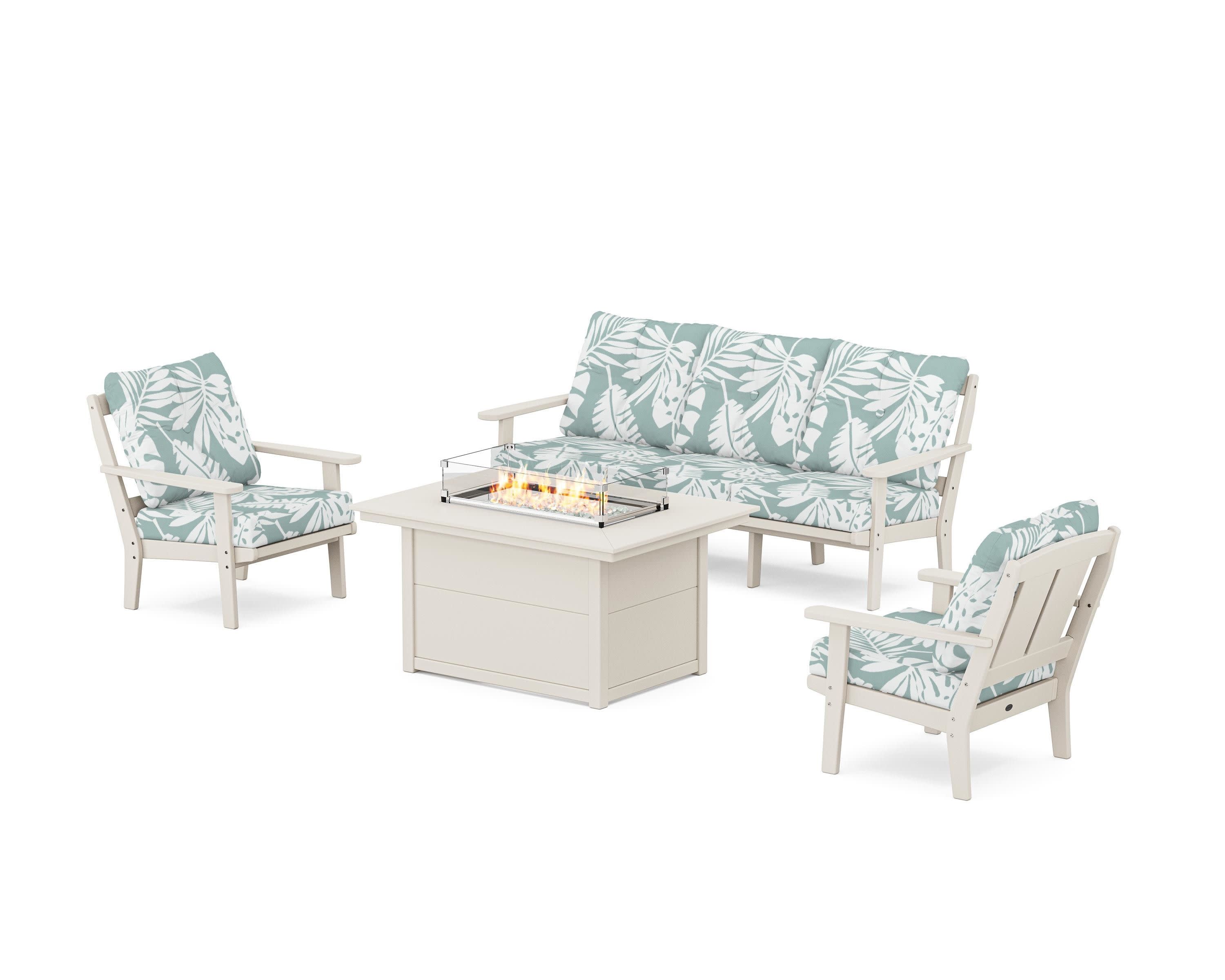 Mission Deep Seating Fire Pit Table Set in Sand / Leaf Glacier Spa