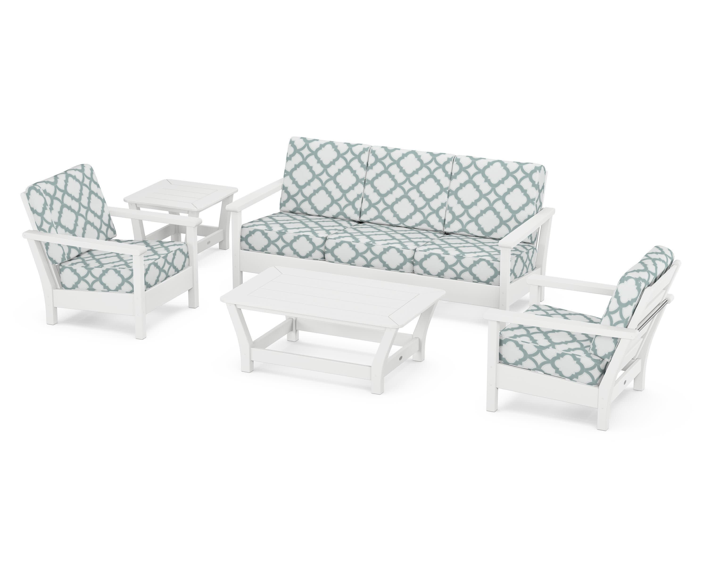 Harbour 5-Piece Deep Seating Set in White / Trellis Glacier Spa