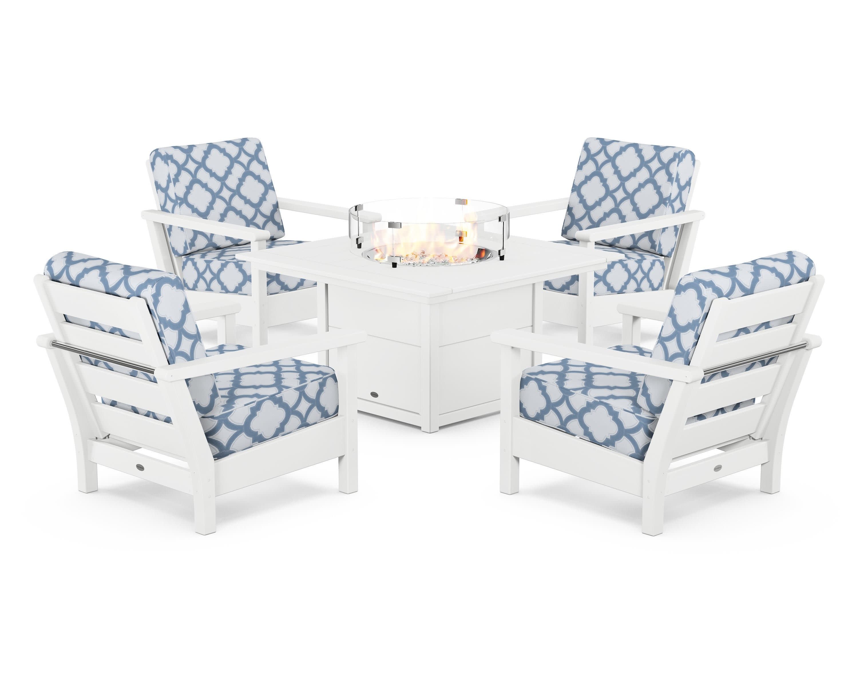 Harbour 5-Piece Conversation Set with Fire Pit Table in White / Trellis Sky Blue