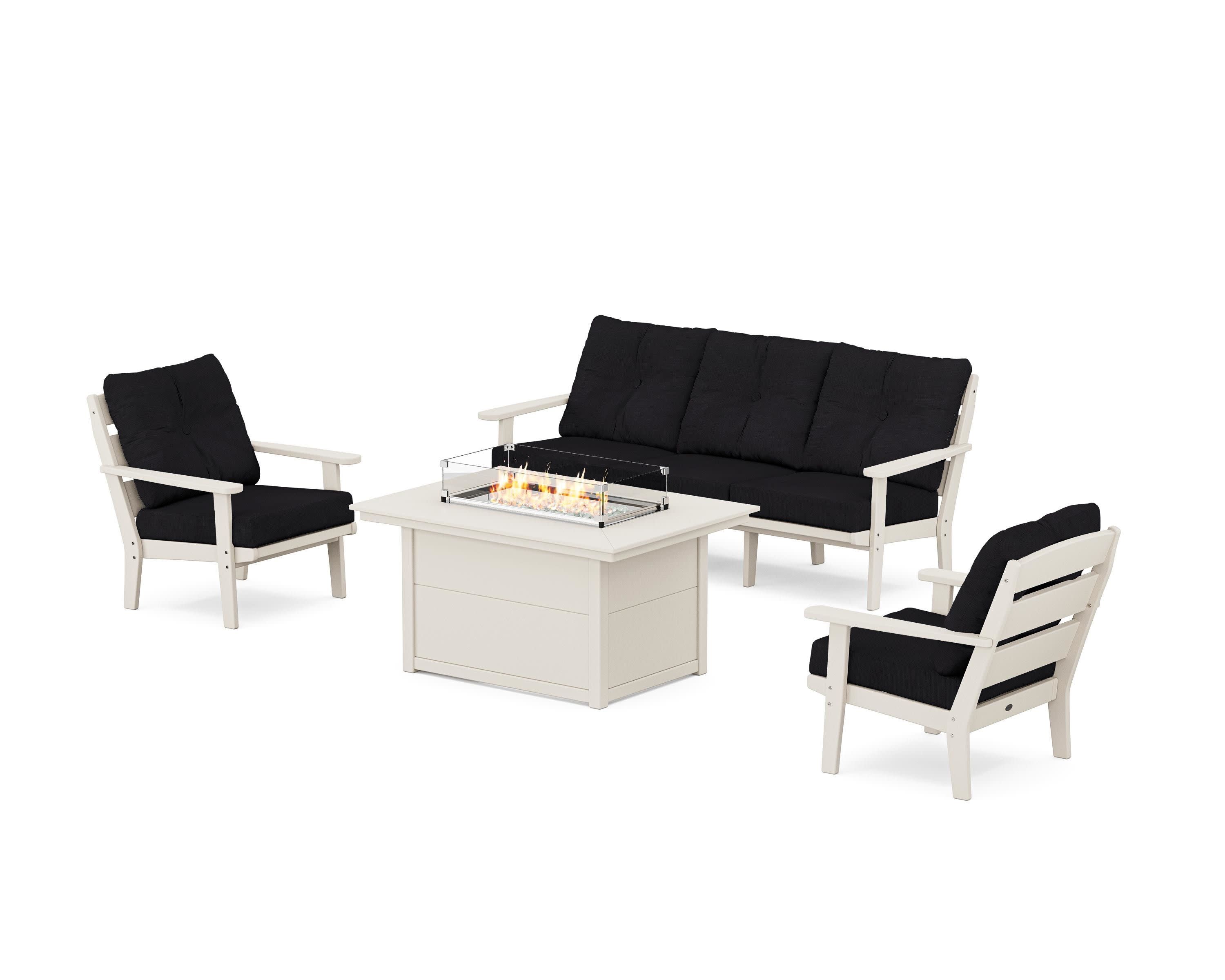 Lakeside Deep Seating Fire Pit Table Set in Sand / Midnight Linen