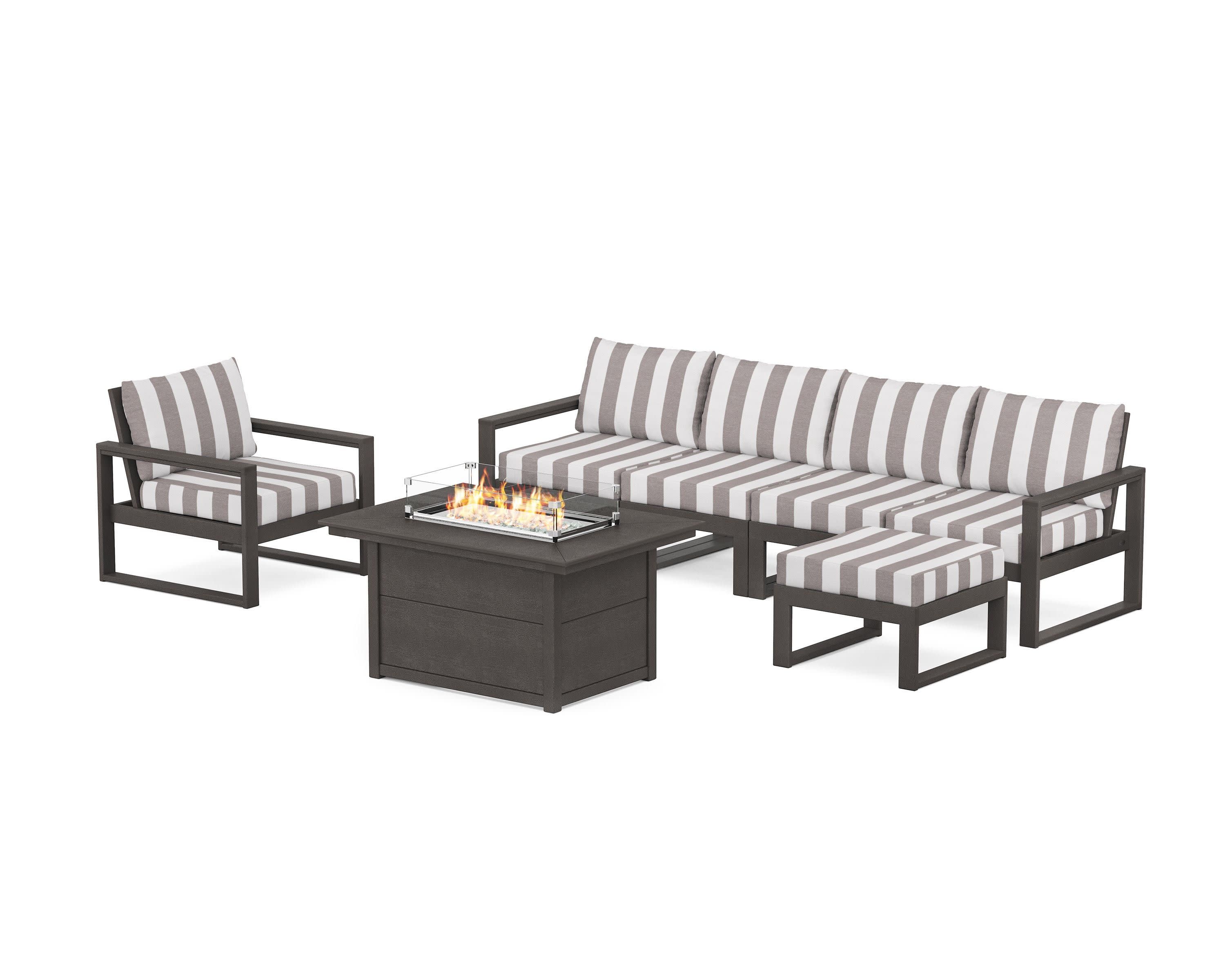 EDGE Sectional Lounge and Fire Pit Set in Vintage Coffee / Cabana Stripe Grey Mist