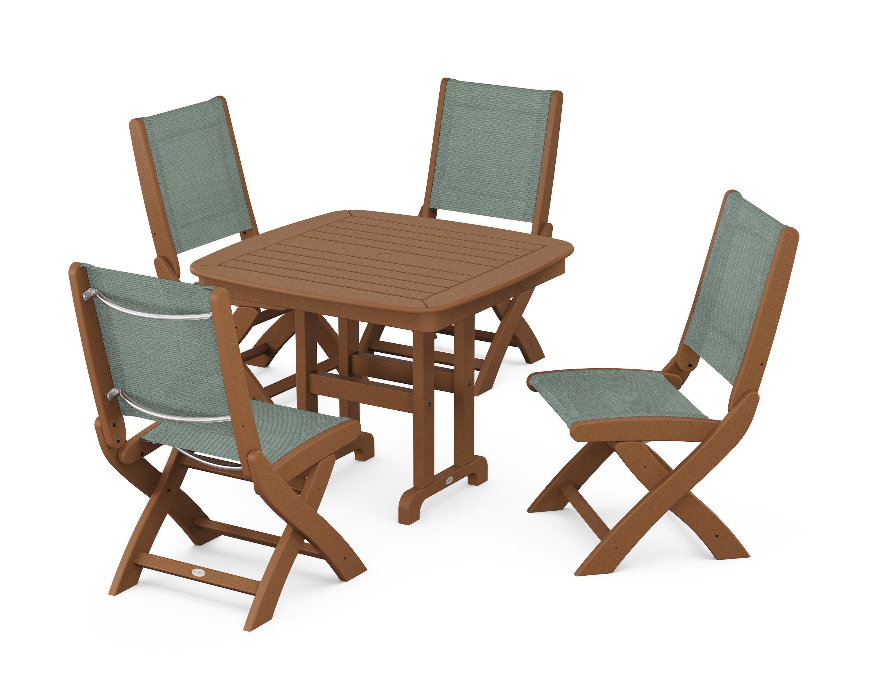 Coastal Folding Side Chair 5-Piece Dining Set in Teak / Dupioni Sea Mist Sling