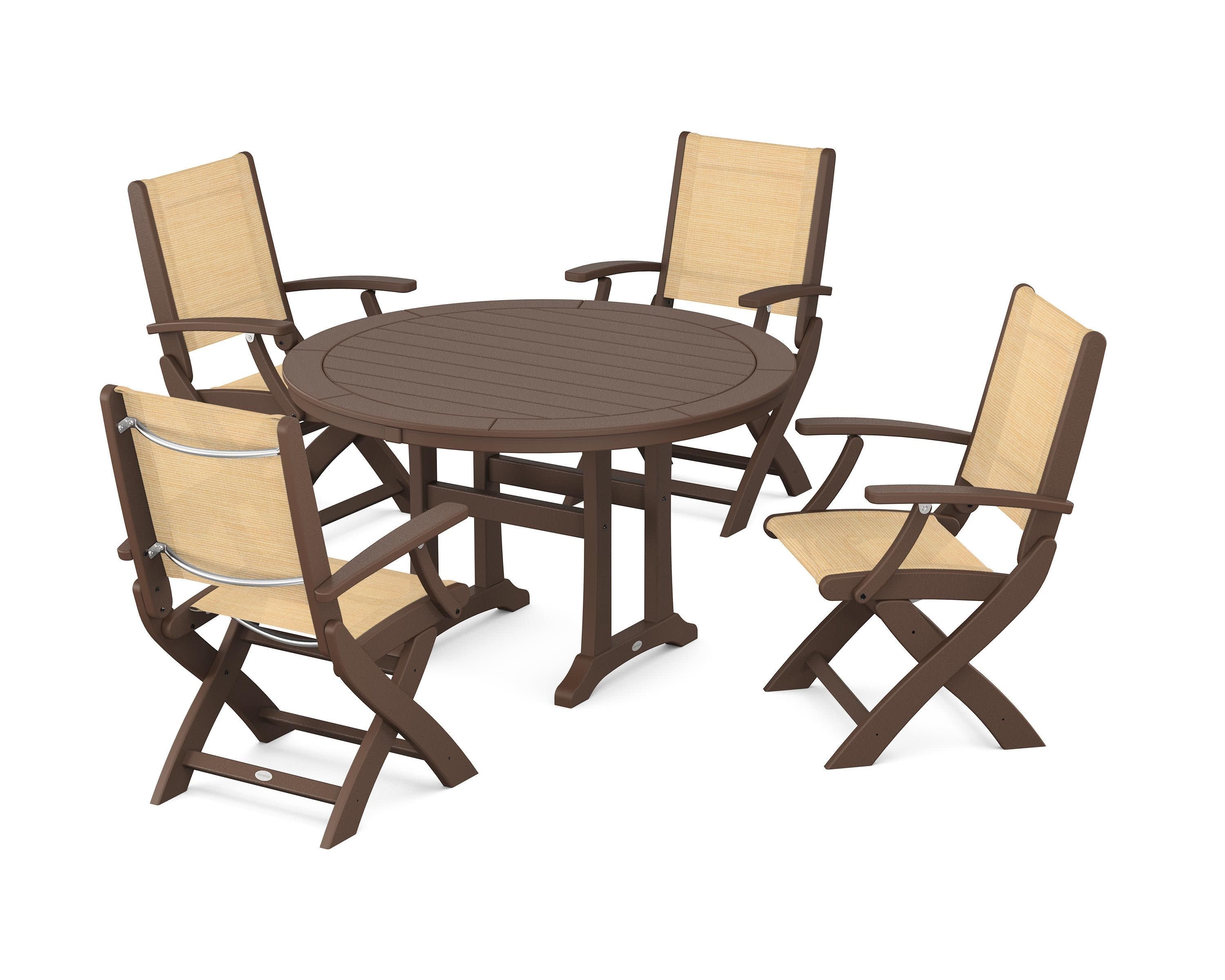 Coastal Folding Chair 5-Piece Round Dining Set with Trestle Legs in Mahogany / Dupioni Apricot Sling
