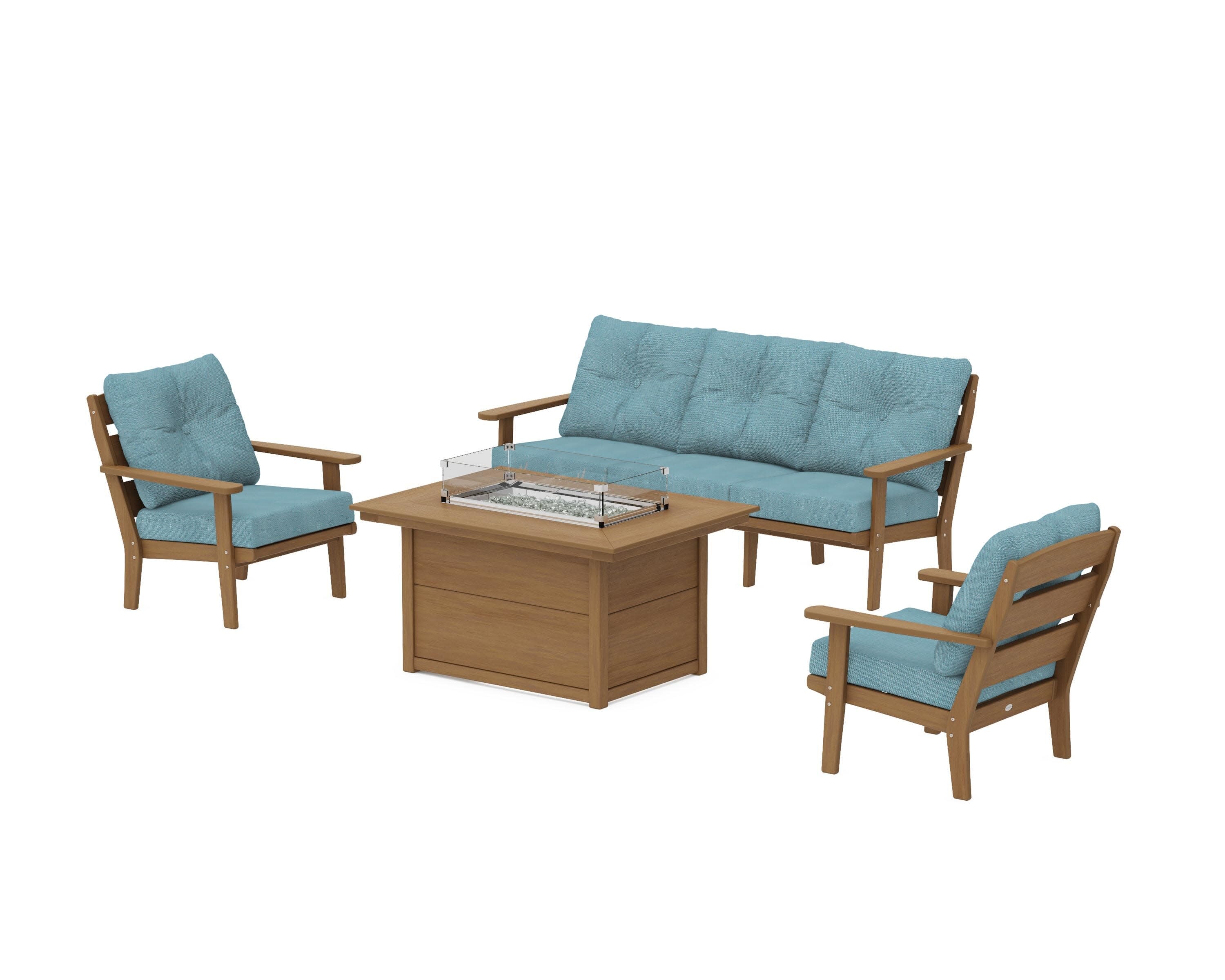 Lakeside Deep Seating Fire Pit Table Set in Natural / Lattice Sky Blue