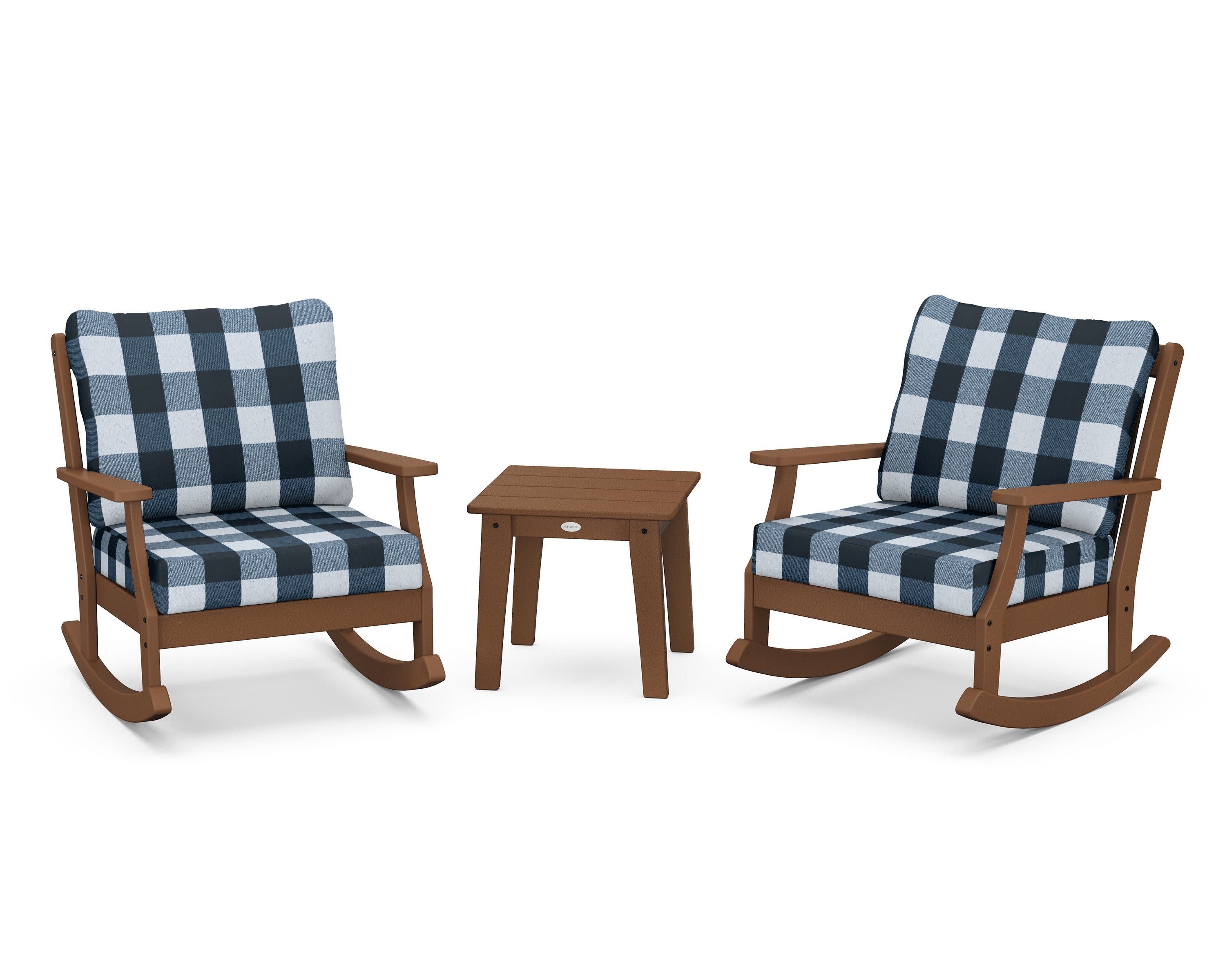 Braxton 3-Piece Deep Seating Rocker Set in Teak / Buffalo Plaid Marine Indigo